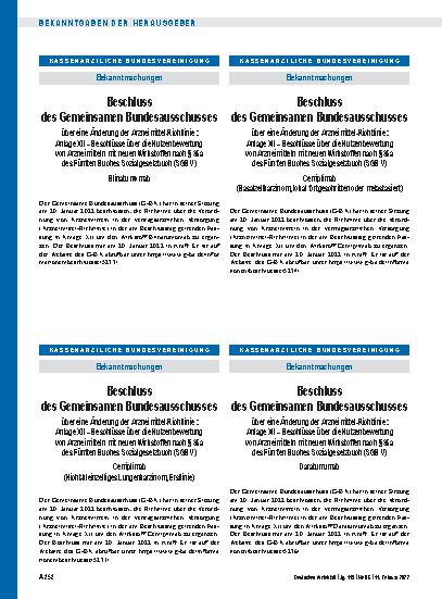 Vorschauseite 1: Beschluss des Gemeinsamen Bundesausschusses über eine Änderung der Arzneimittel-Richtlinie: Cemiplimab (Basalzellkarzinom, lokal fortgeschritten oder metastasiert)
