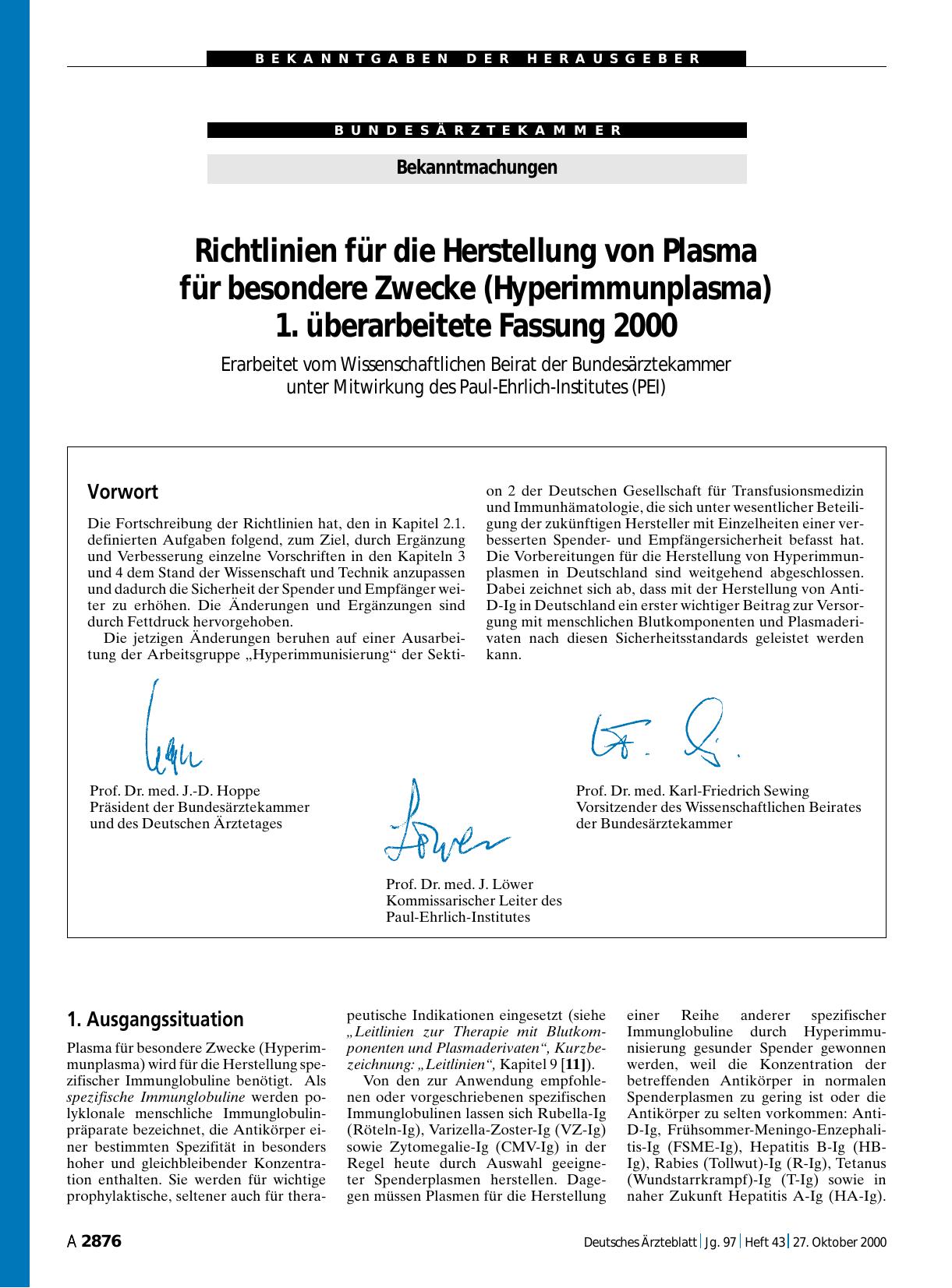 Vorschauseite 1: Richtlinien für die Herstellung von Plasma für besondere Zwecke (Hyperimmunplasma) – 1. überarbeitete Fassung 2000