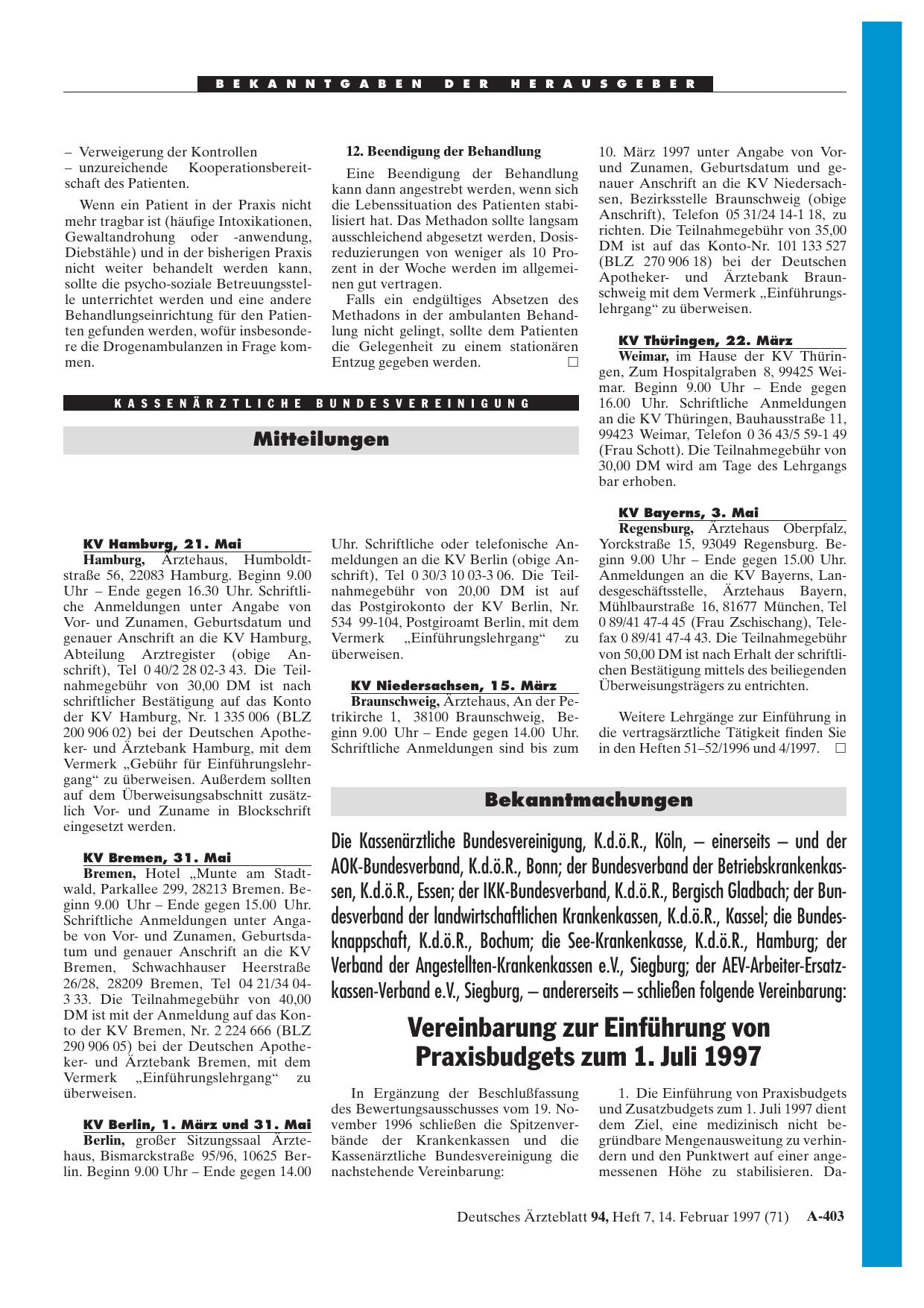 Vorschauseite 1: Bekanntmachungen: Vereinbarung zur Einführung von Praxisbudgets zum 1. Juli 1997