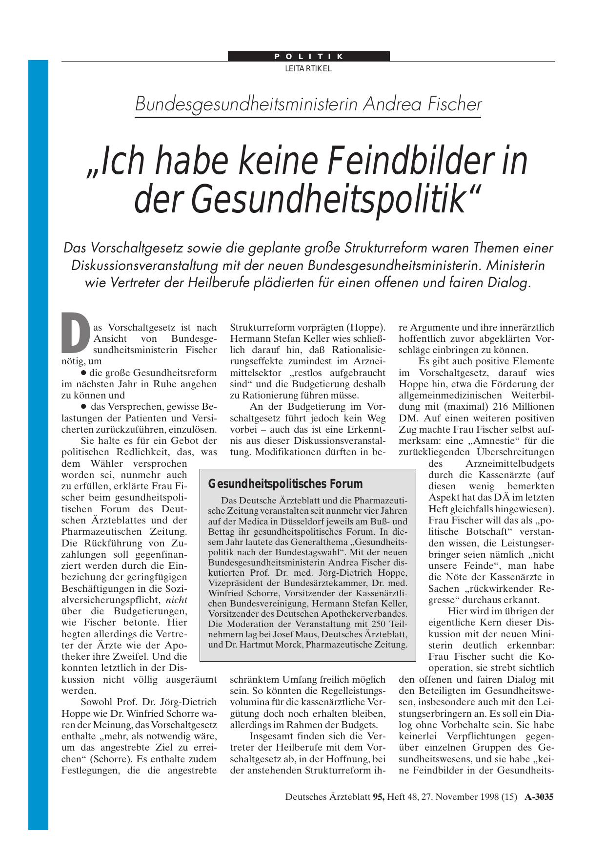 Vorschauseite 1: Bundesgesundheitsministerin Andrea Fischer: „Ich habe keine Feindbilder in der Gesundheitspolitik“