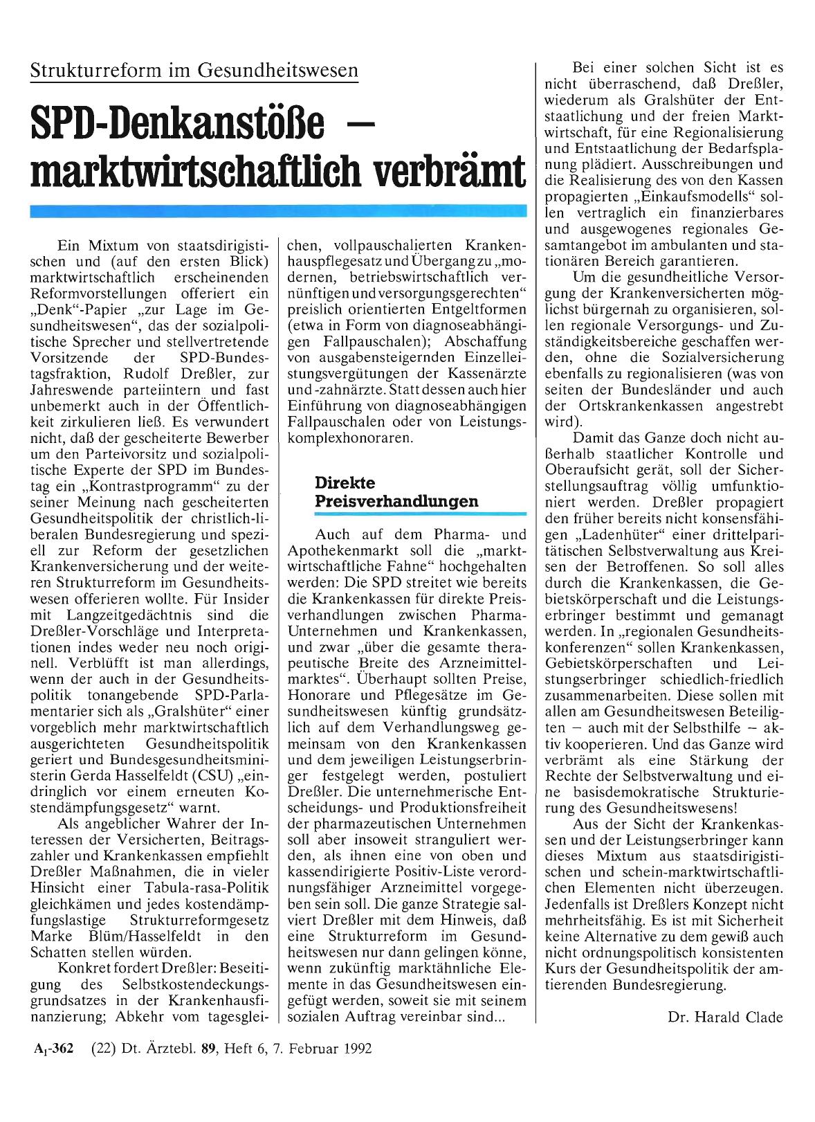 Vorschauseite 1: Strukturreform im Gesundheitswesen: SPD-Denkanstöße marktwirtschaftlich verbrämt