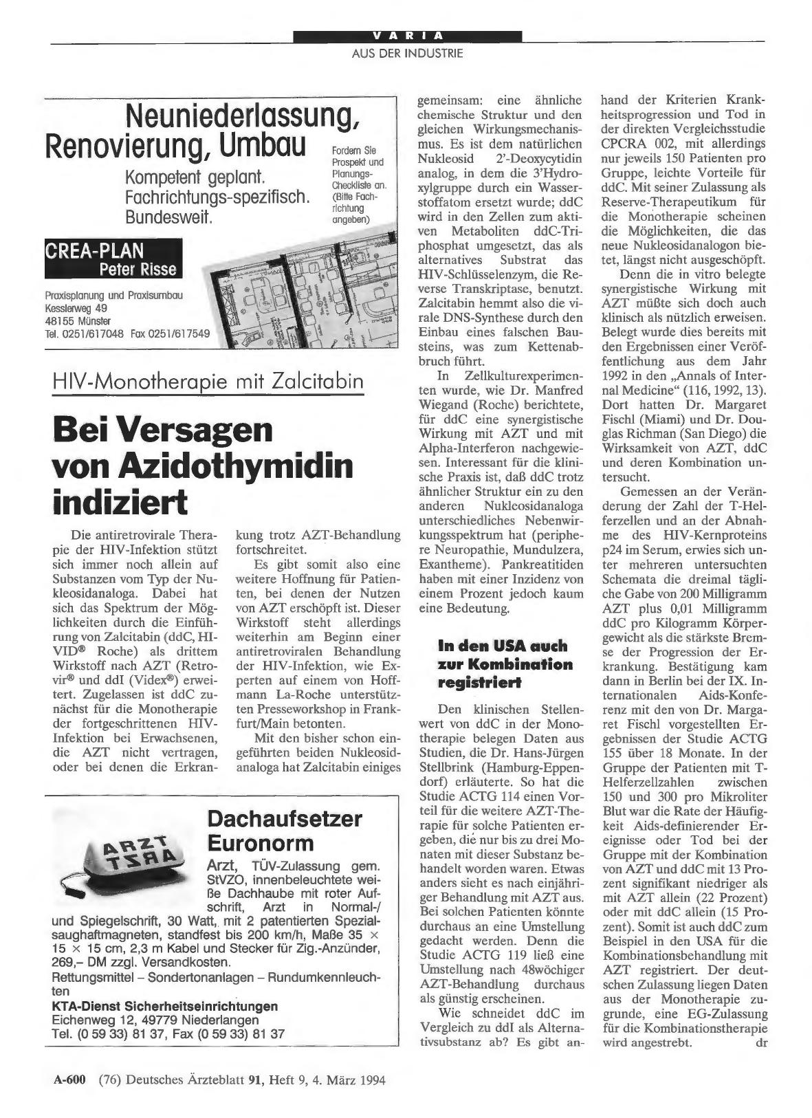 Vorschauseite 1: HIV-Monotherapie mit Zalcitabin: Bei Versagen von Azidothymidin indiziert