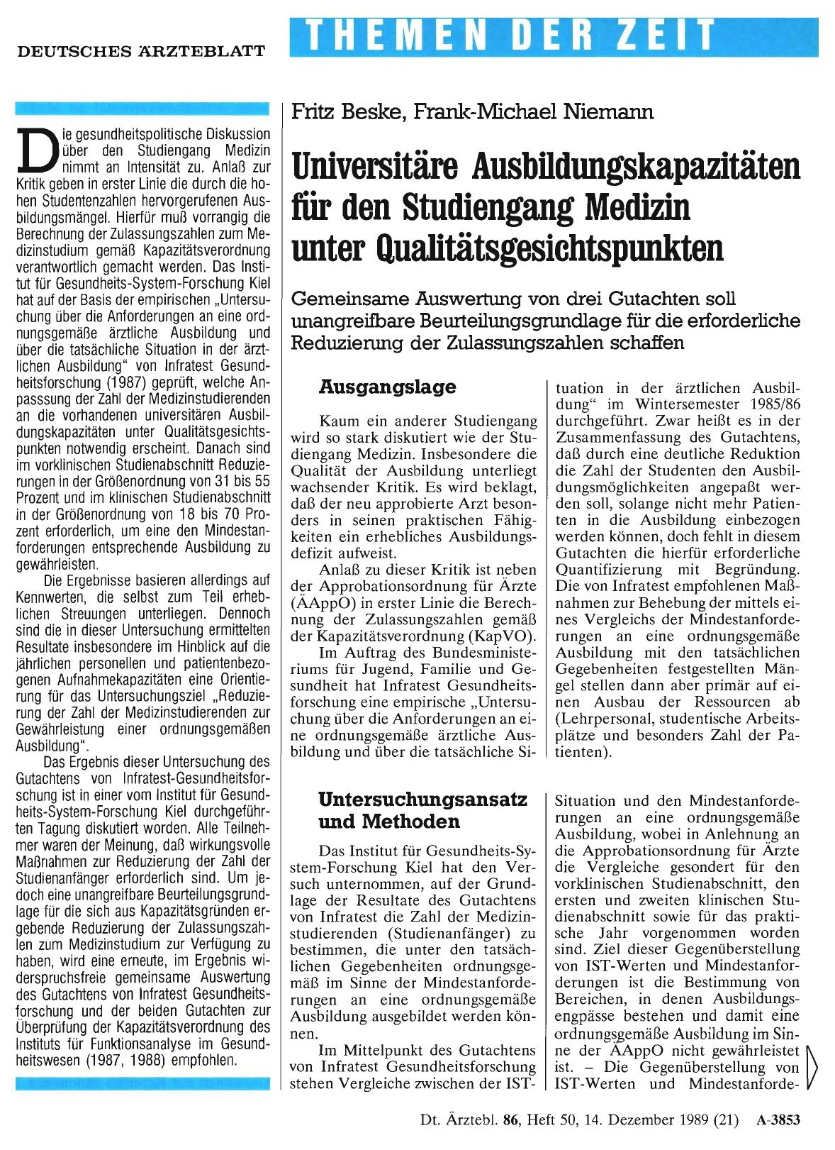 Vorschauseite 1: Universitäre Ausbildungskapazitäten für den Studiengang Medizin unter Qualitätsgesichtspunkten