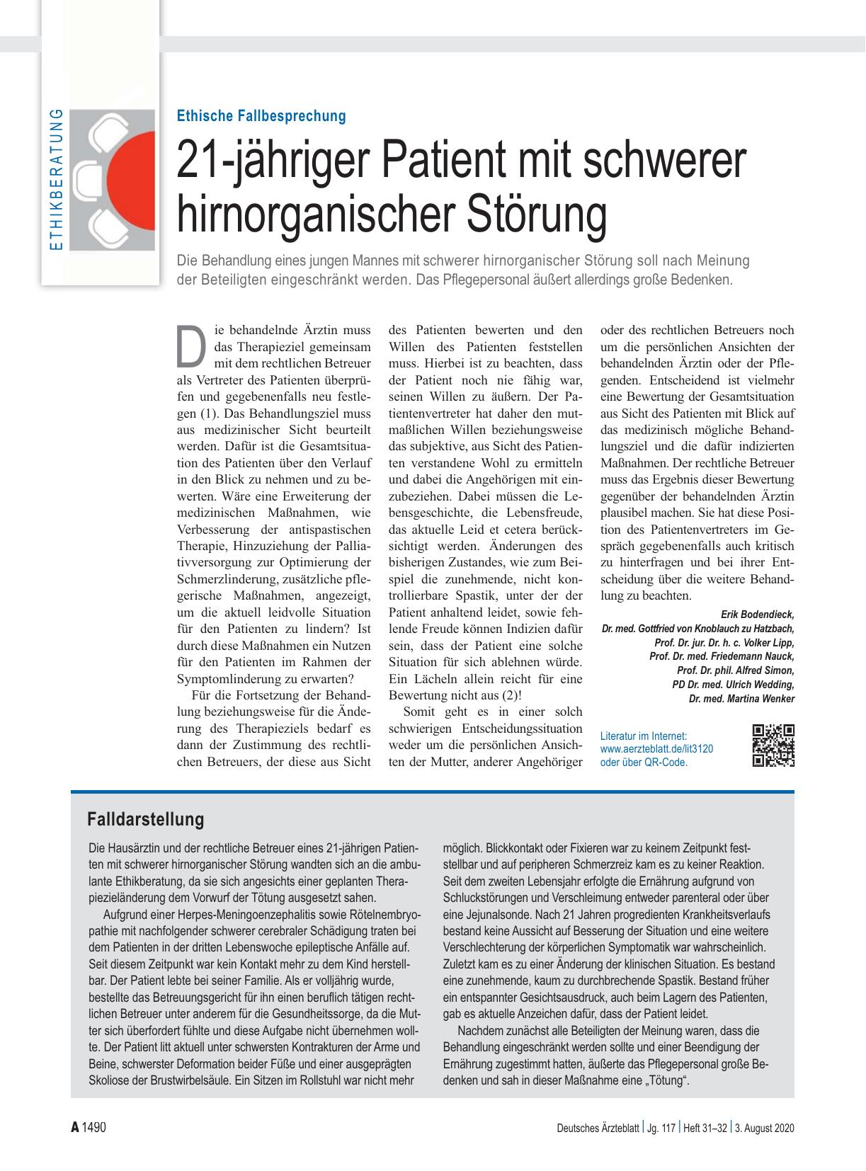 Vorschauseite 1: Ethische Fallbesprechung: 21-jähriger Patient mit schwerer hirnorganischer Störung