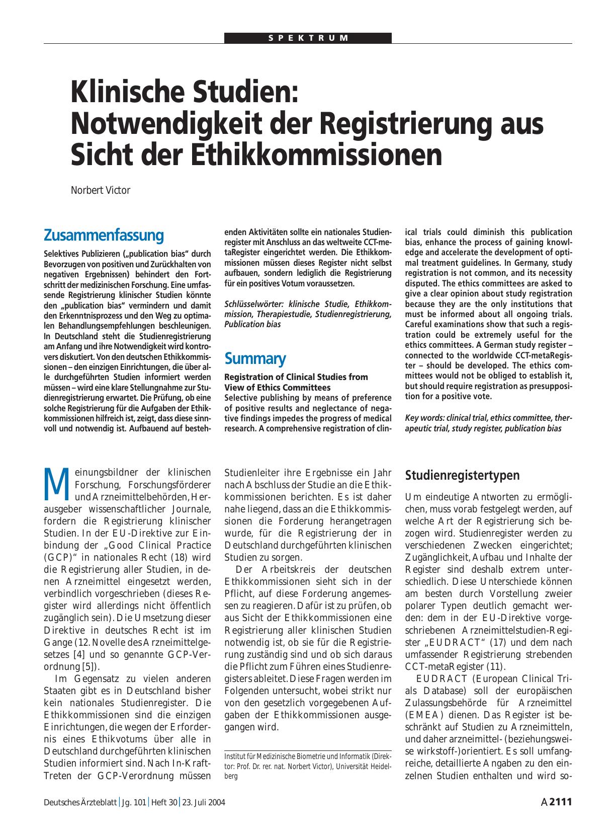Vorschauseite 1: Klinische Studien: Notwendigkeit der Registrierung aus Sicht der Ethikkommissionen