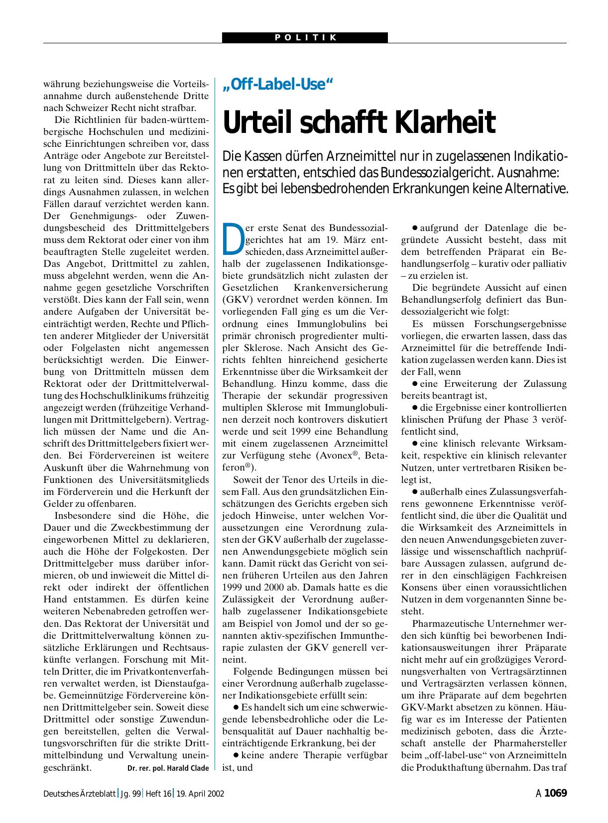 Vorschauseite 1: „Off-Label-Use“: Urteil schafft Klarheit