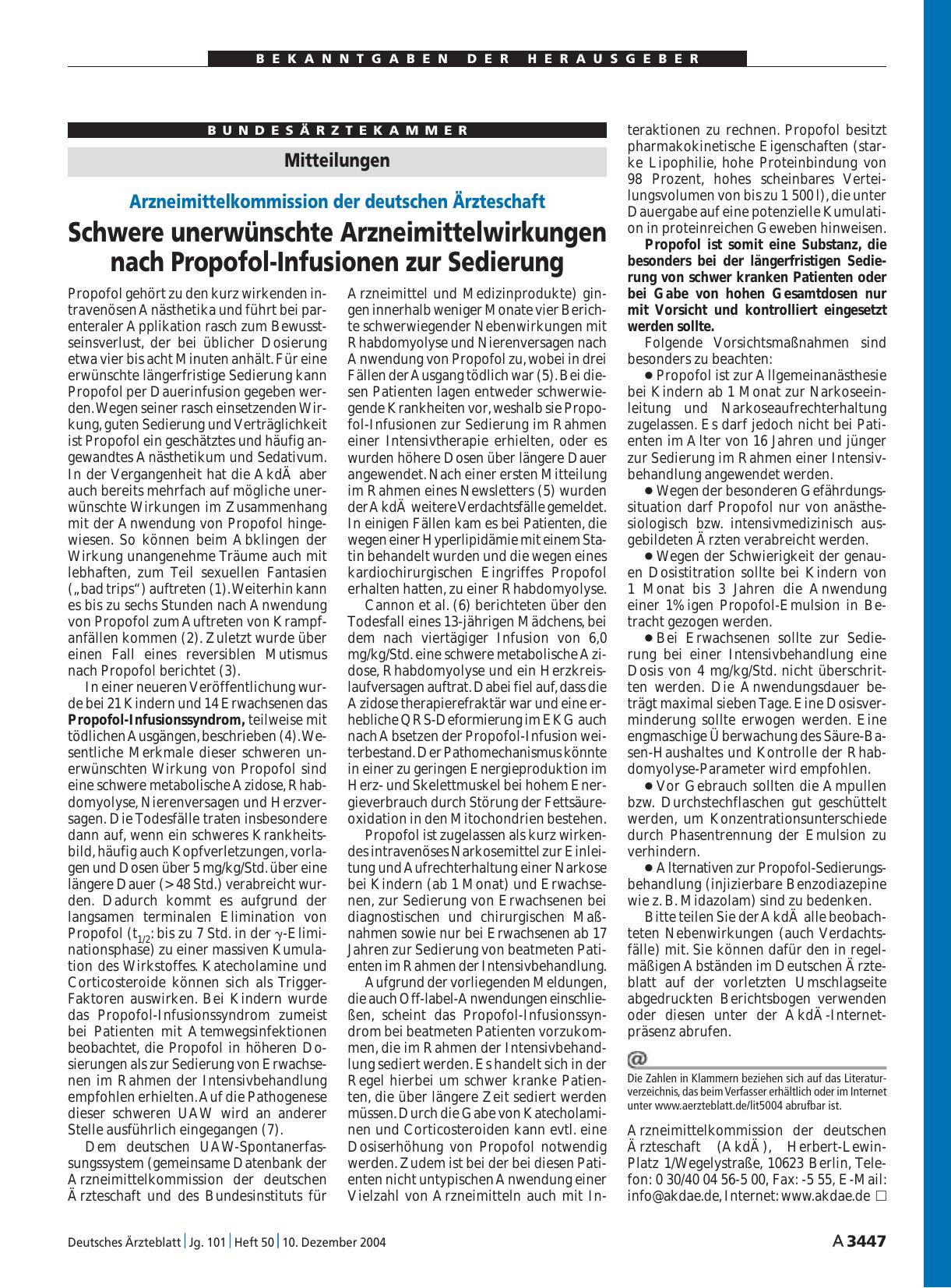 Vorschauseite 1: Mitteilungen: Schwere unerwünschte Arzneimittelwirkungen nach Propofol-Infusionen zur Sedierung