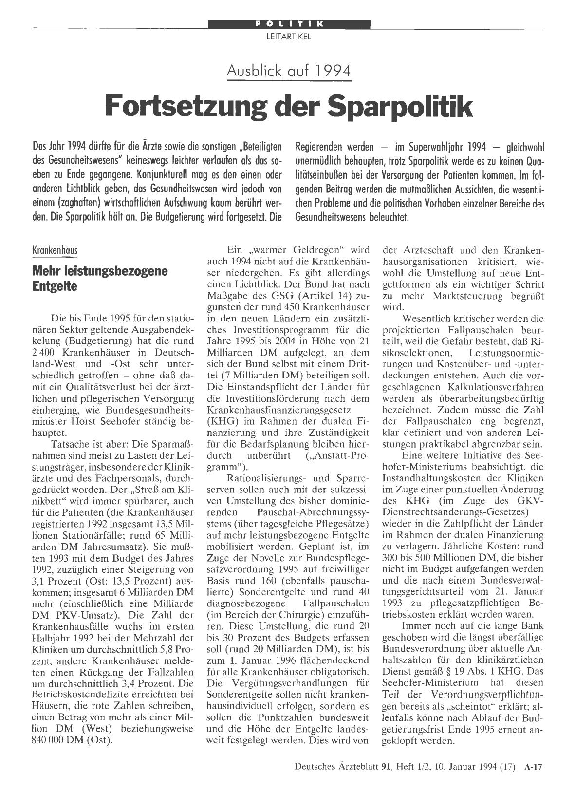 Vorschauseite 1: Ausblick auf 1994: Fortsetzung der Sparpolitik