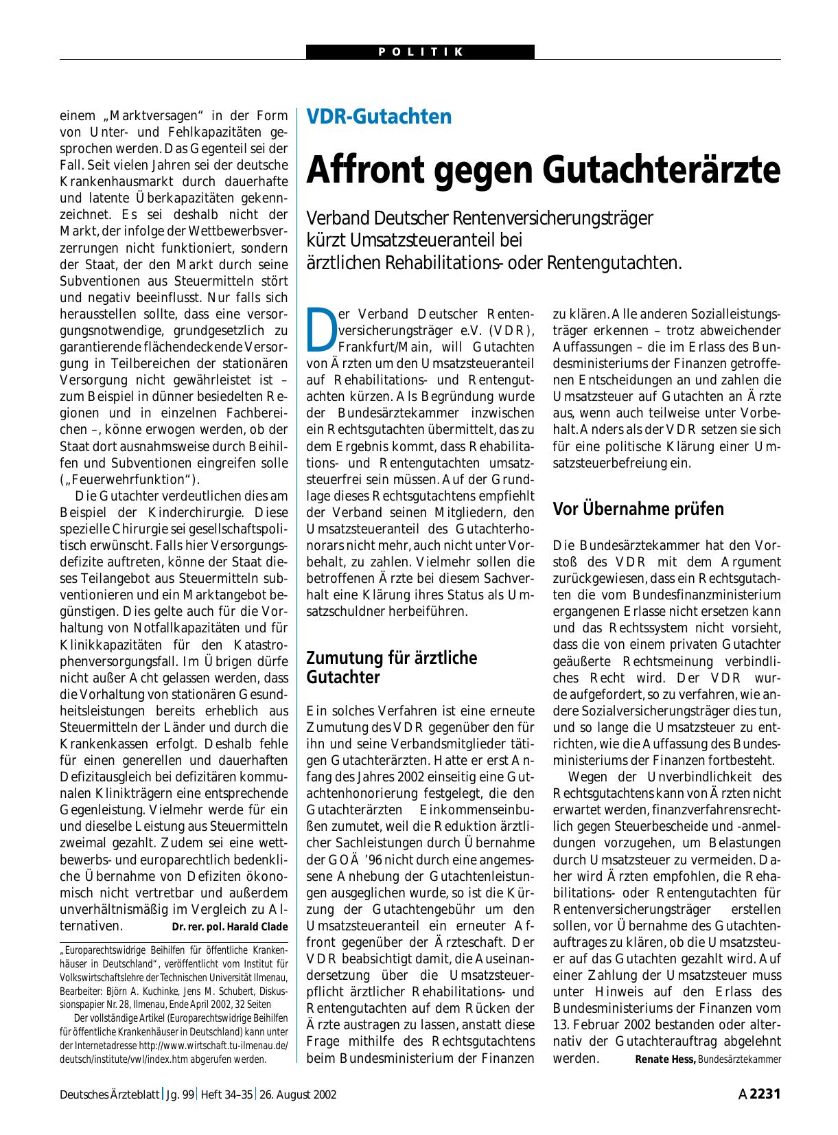 Vorschauseite 1: VDR-Gutachten: Affront gegen Gutachterärzte