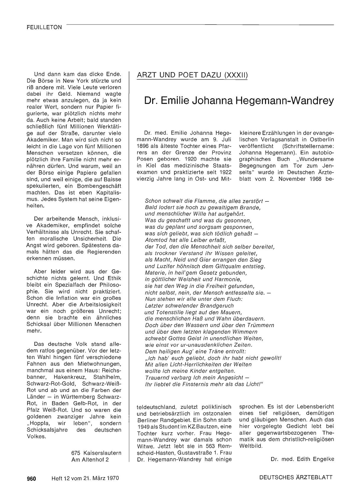 Vorschauseite 1: Arzt — und Poet dazu (XXXII): Dr. Emilie Johanna Hegemann-Wandrey