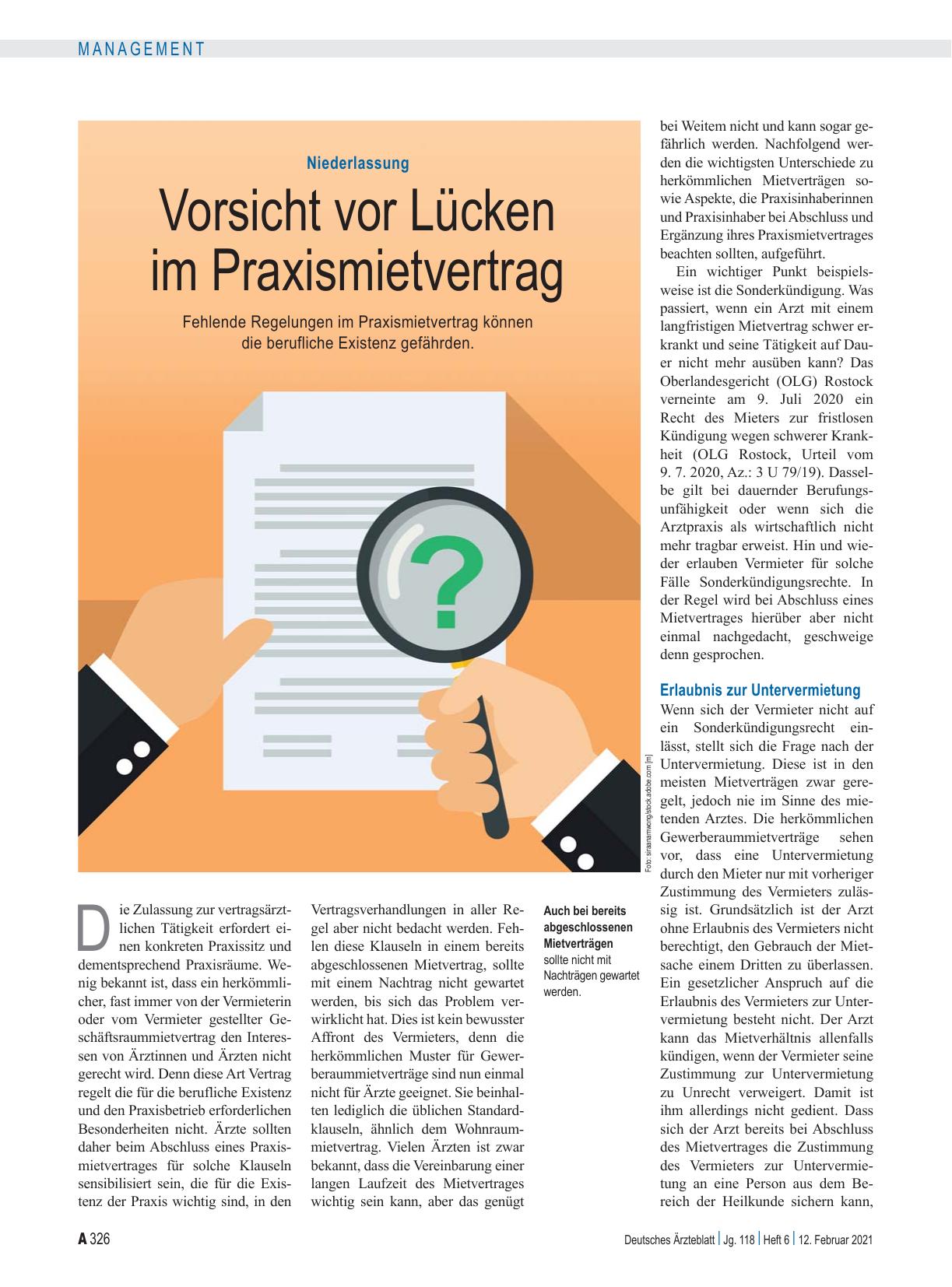 Vorschauseite 1: Niederlassung: Vorsicht vor Lücken im Praxismietvertrag