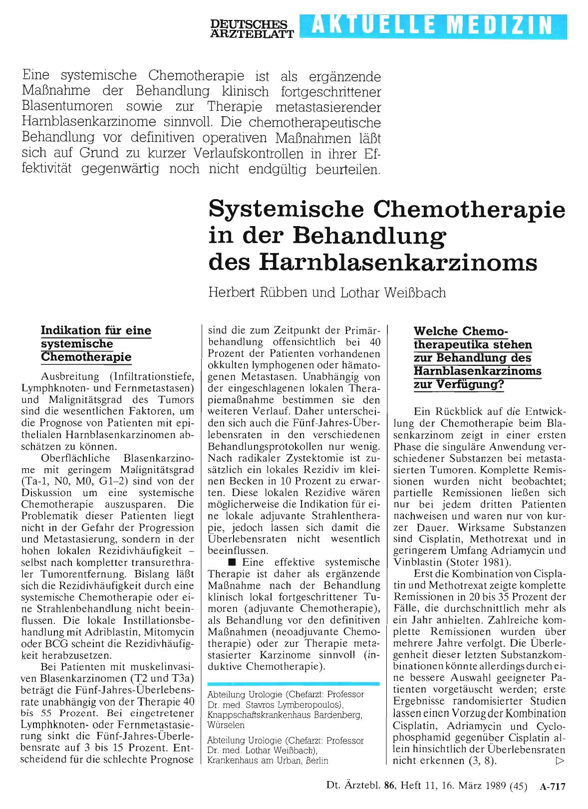 Vorschauseite 1: Systemfische Chemotherapie in der Behandlung des Harnblasenkarzinoms