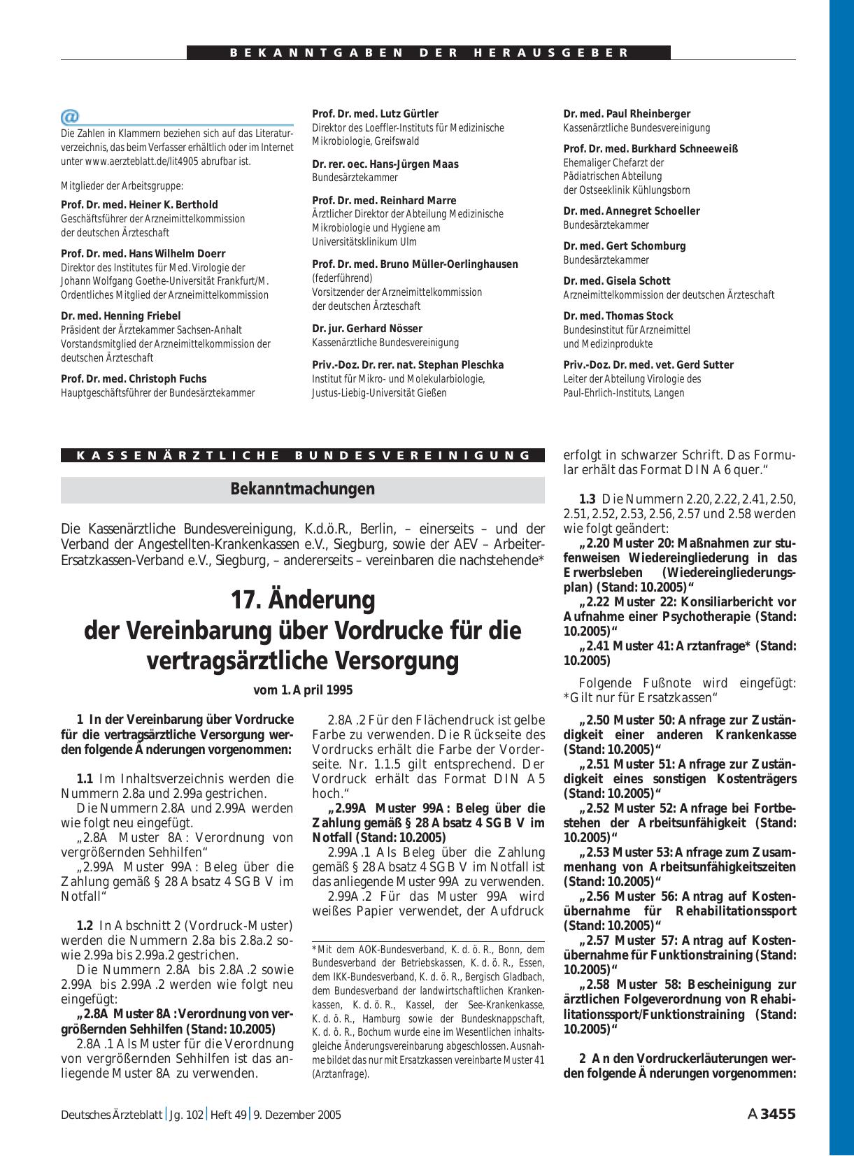 Vorschauseite 1: Bekanntmachungen: Die Kassenärztliche Bundesvereinigung, K. d. ö. R. , Berlin, – einerseits – und der Verband der Angestellten-Krankenkassen e. V. , Siegburg, sowie der AEV – Arbe…