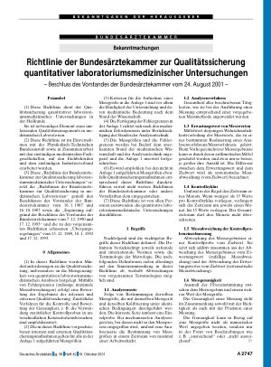 Vorschauseite 1: Bekanntmachungen: Richtlinie der Bundesärztekammer zur Qualitätssicherung quantitativer laboratoriumsmedizinischer Untersuchungen