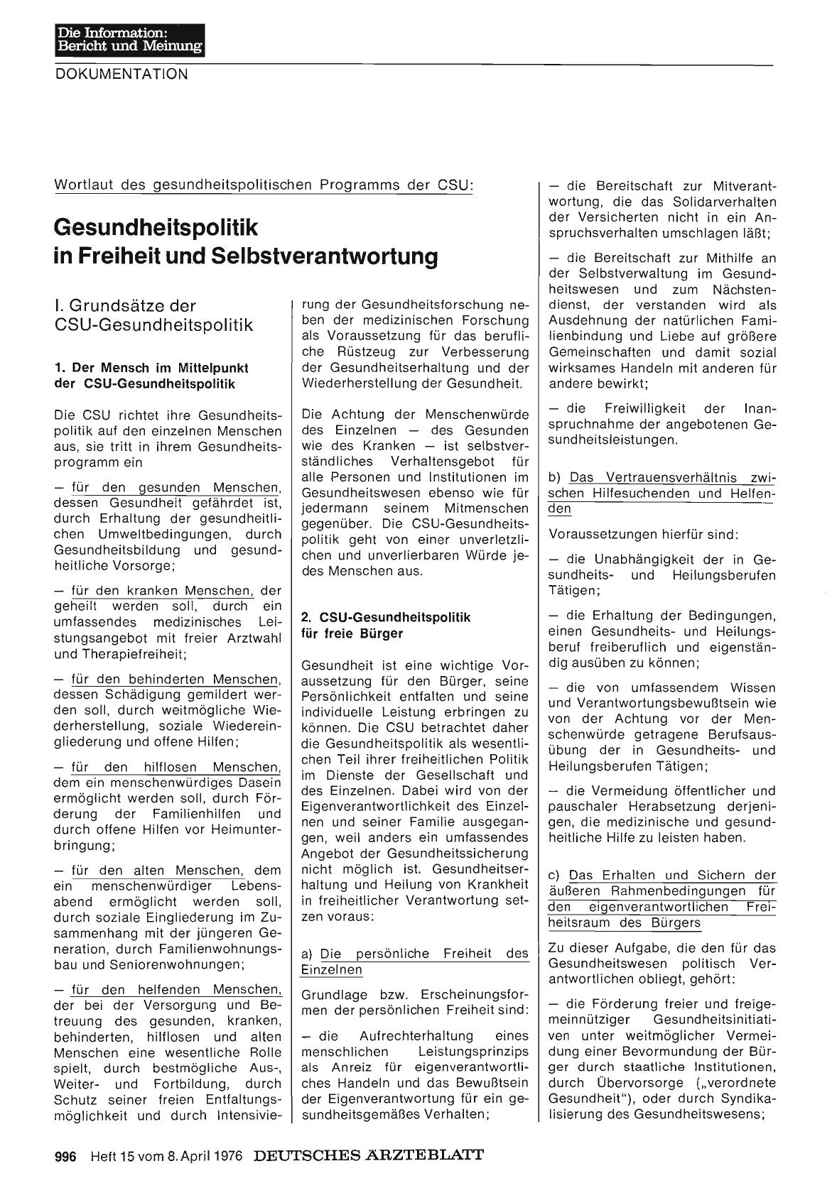 Vorschauseite 1: Wortlaut des gesundheitspolitischen Programms der CSU: Gesundheitspolitik in Freiheit und Selbstverantwortung