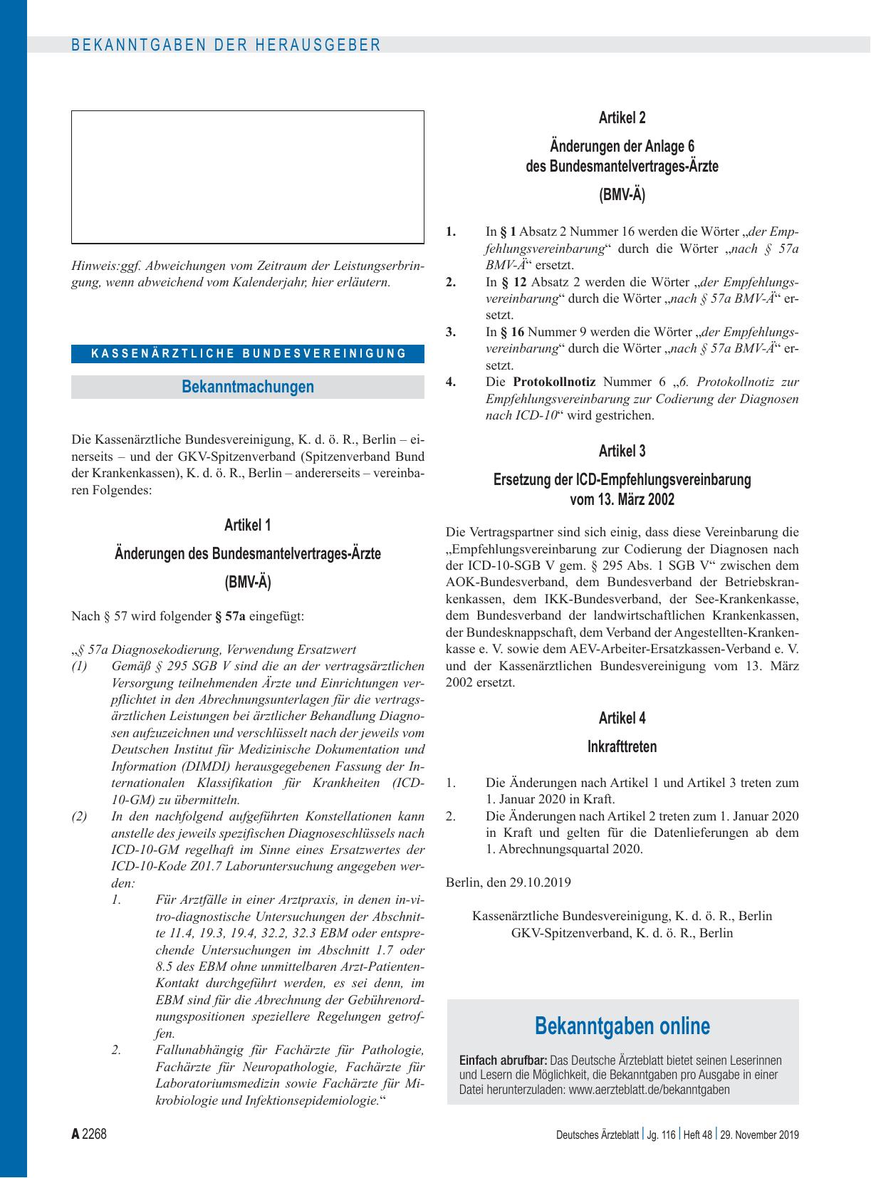 Vorschauseite 1: Änderungen des Bundesmantelvertrages-Ärzte (BMV-Ä), Änderungen der Anlage 6 des Bundesmantelvertrages-Ärzte (BMV-Ä), Ersetzung der ICD-Empfehlungsvereinbarung vom 13. März 2002, A…