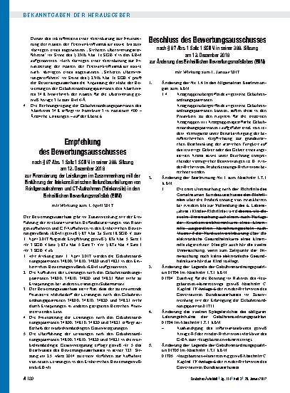 Vorschauseite 1: Beschluss des Bewertungsausschusses nach § 87 Abs. 1 Satz 1 SGB V in seiner 386. Sitzung am 12. Dezember 2016 zur Änderung des Einheitlichen Bewertungsmaßstabes (EBM)