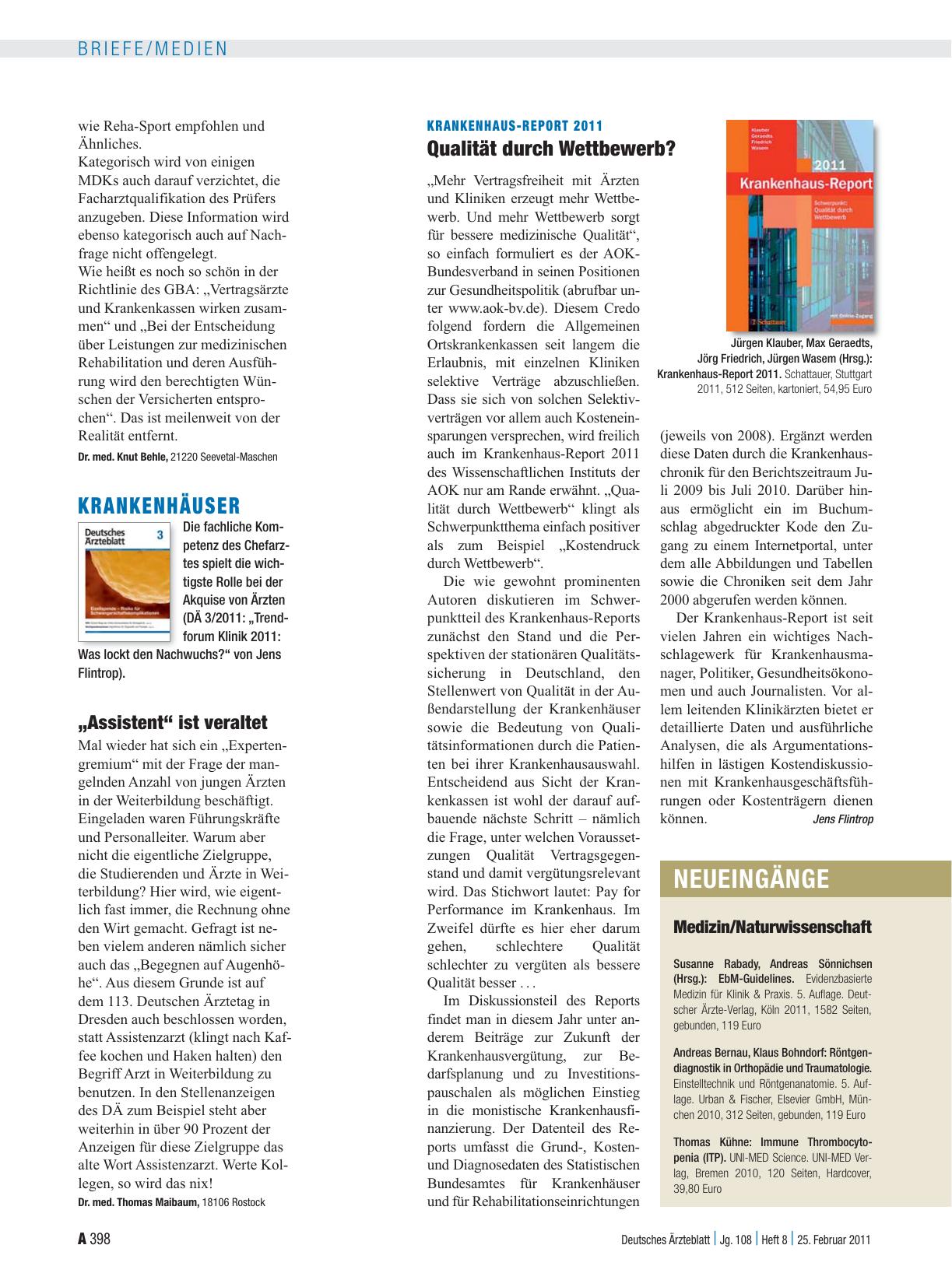 Vorschauseite 1: Krankenhaus-Report 2011: Qualität durch Wettbewerb?