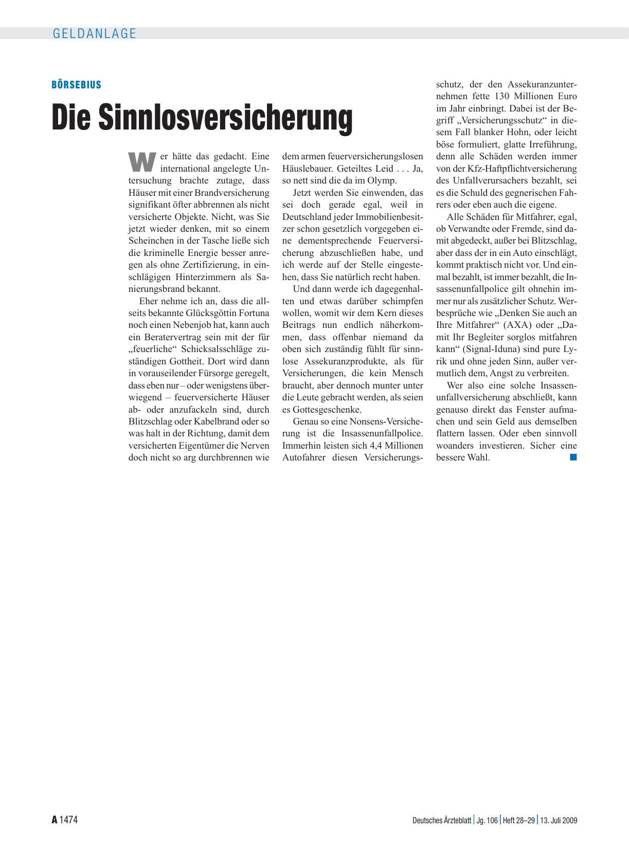 Vorschauseite 1: Börsebius: Die Sinnlosversicherung
