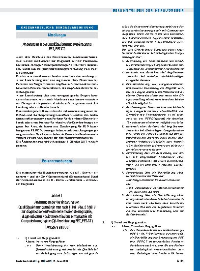 Vorschauseite 1: Änderungen in der Qualitätssicherungsvereinbarung PET, PET/CT: Artikel 1, Artikel 2 und Inkrafttreten