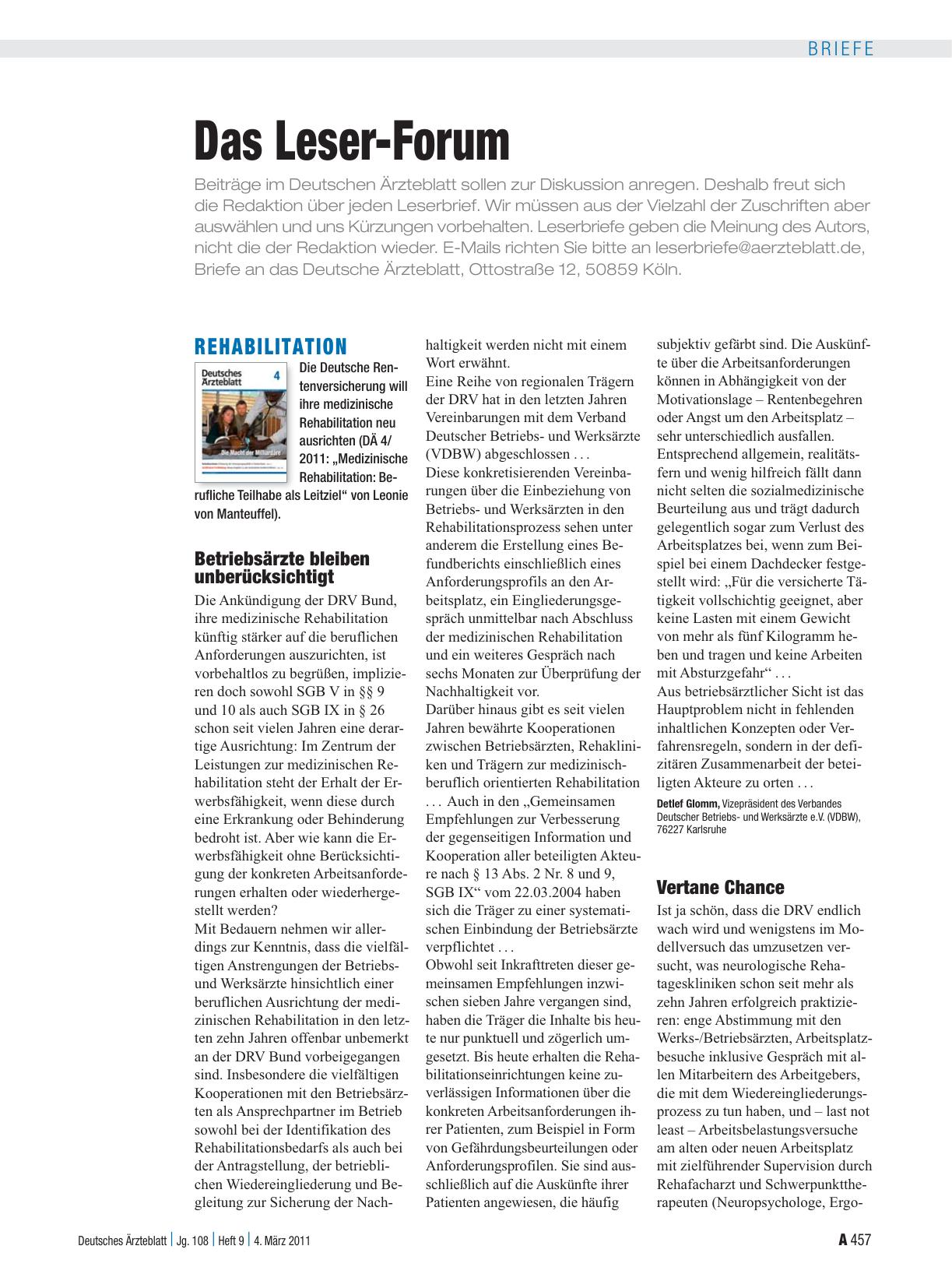 Vorschauseite 1: Rehabilitation: Betriebsärzte bleiben unberücksichtigt