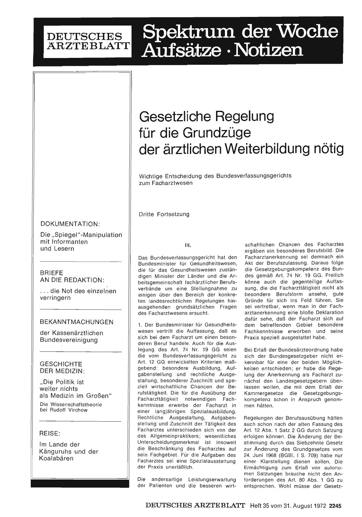 Vorschauseite 1: Gesetzliche Regelung für die Grundzüge der ärztlichen Weiterbildung nötig