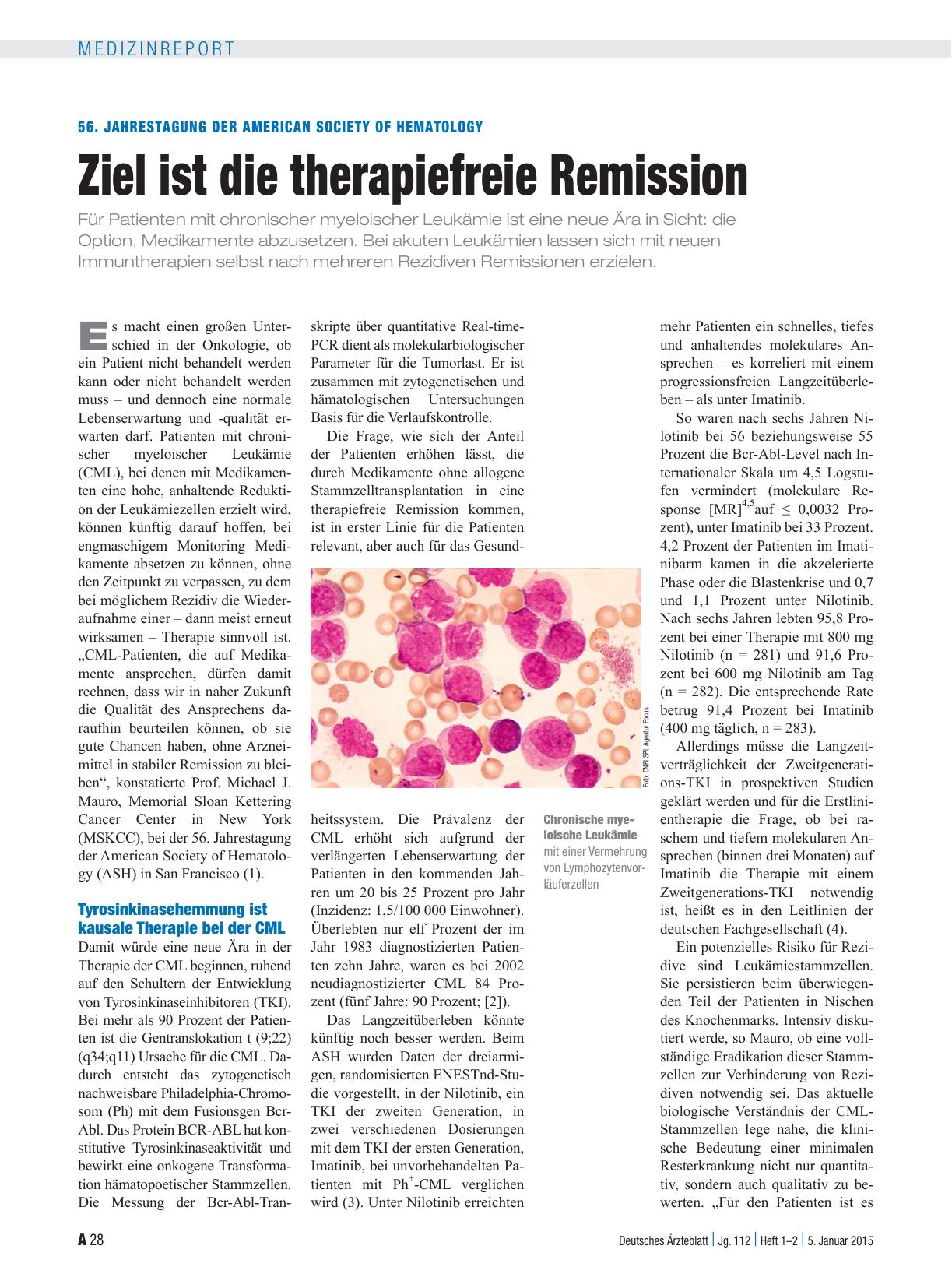 Vorschauseite 1: 56. Jahrestagung der American Society of Hematology: Ziel ist die therapiefreie Remission