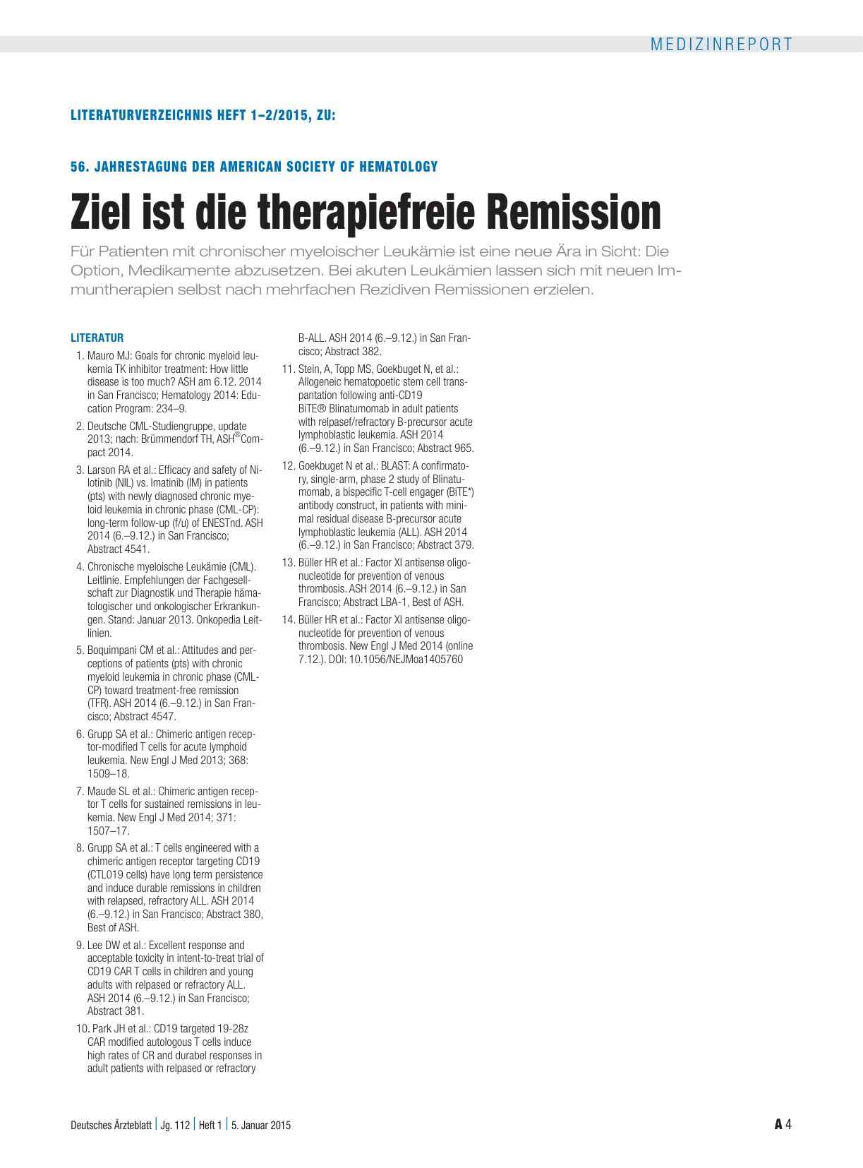 Vorschauseite 4: 56. Jahrestagung der American Society of Hematology: Ziel ist die therapiefreie Remission