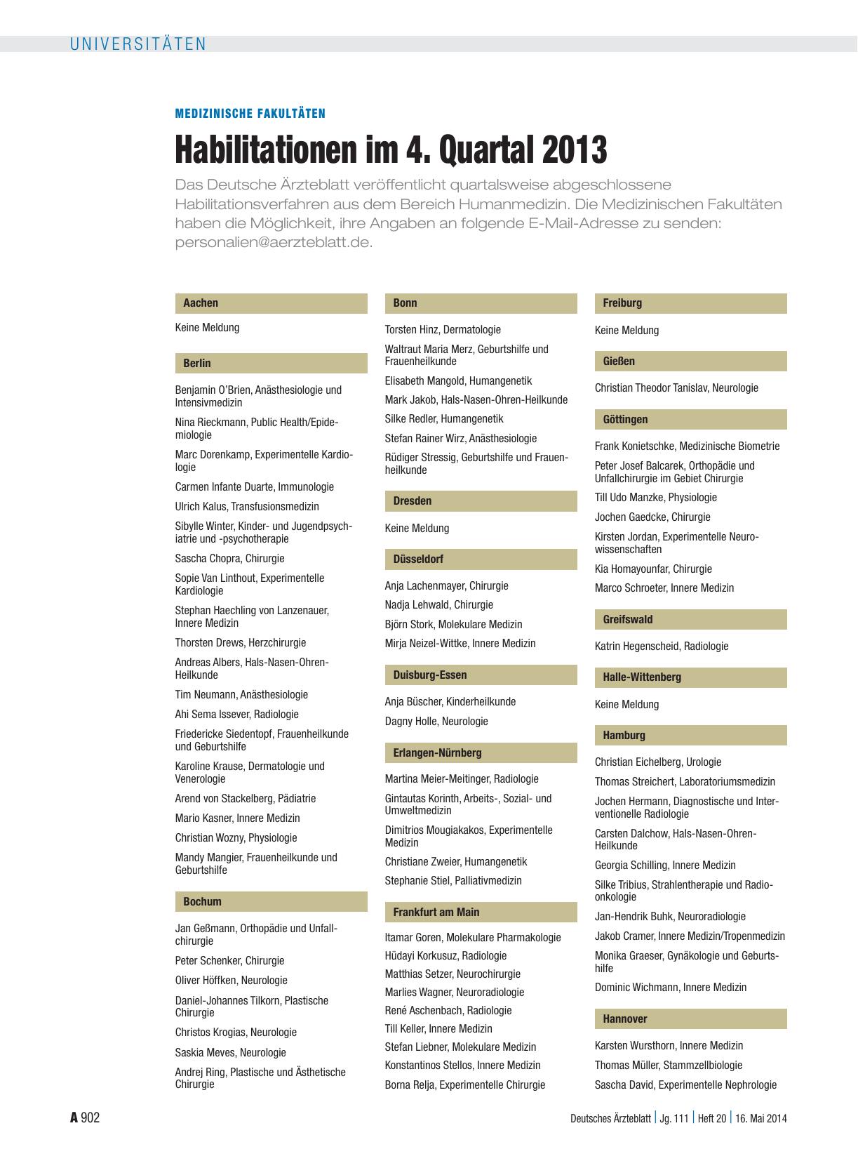 Vorschauseite 1: Medizinische Fakultäten: Habilitationen im 4. Quartal 2013