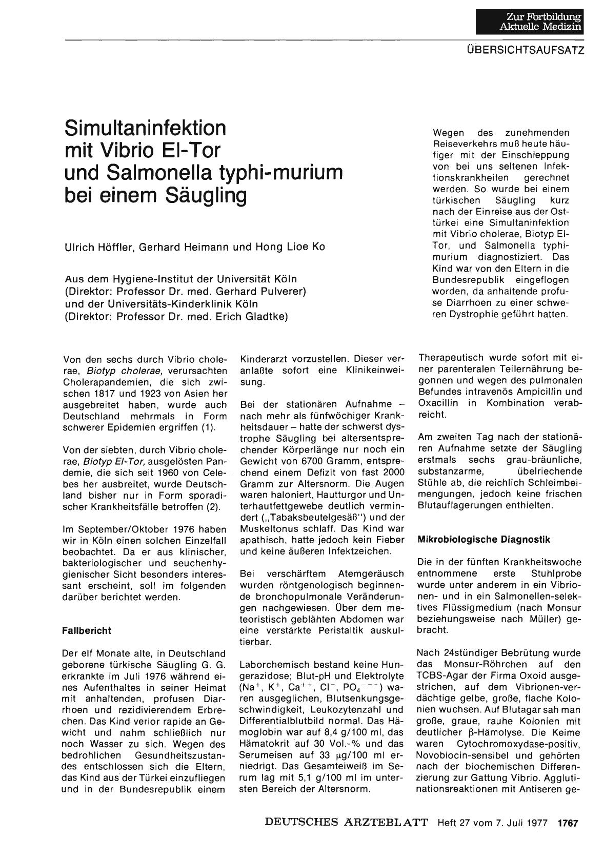 Vorschauseite 1: Simultaninfektion mit Vibrio EI-Tor und Salmonella typhi-murium bei einem Säugling