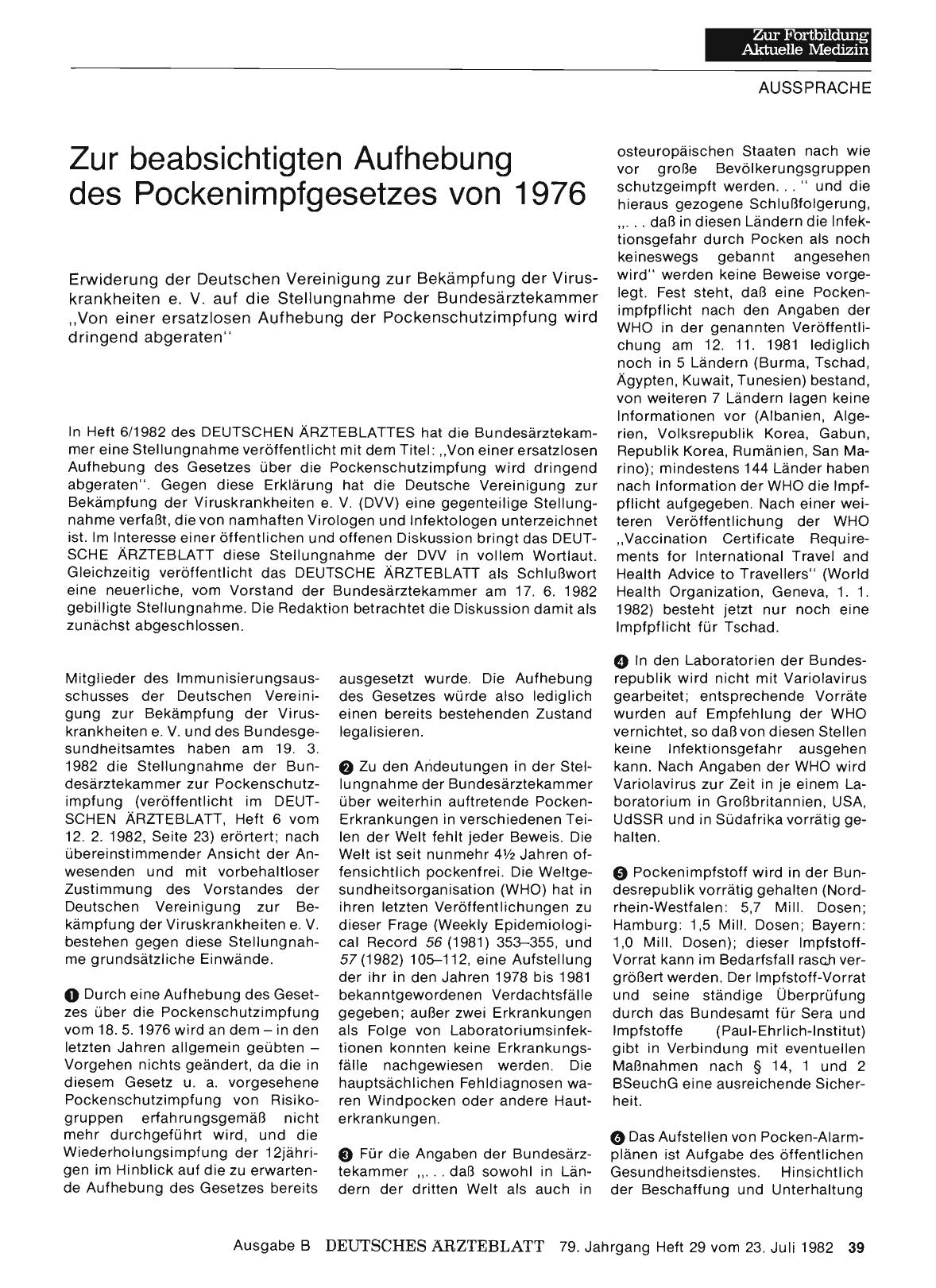 Vorschauseite 1: Zur beabsichtigten Aufhebung des Pockenimpfgesetzes von 1976: Erwiderung der Deutschen Vereinigung zur Bekämpfung der Viruskrankheiten e. V. auf die Stellungnahme der Bundesärztek…