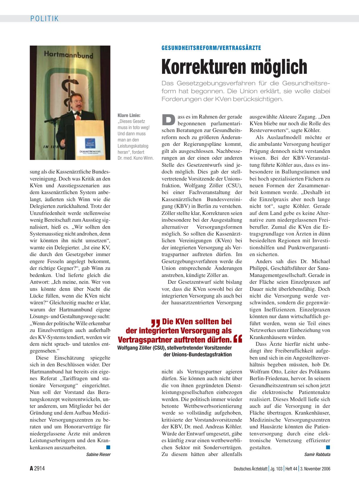 Vorschauseite 1: Gesundheitsreform/Vertragsärzte: Korrekturen möglich