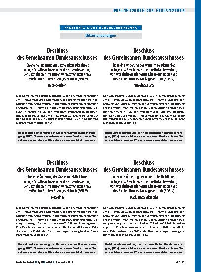 Vorschauseite 1: Beschluss des Gemeinsamen Bundesausschusses über eine Änderung der Arzneimittel-Richtlinie: Anlage XII – Radium-223-dichlorid