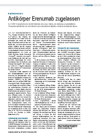 Vorschauseite 1: Migräneprophylaxe: Antikörper Erenumab zugelassen