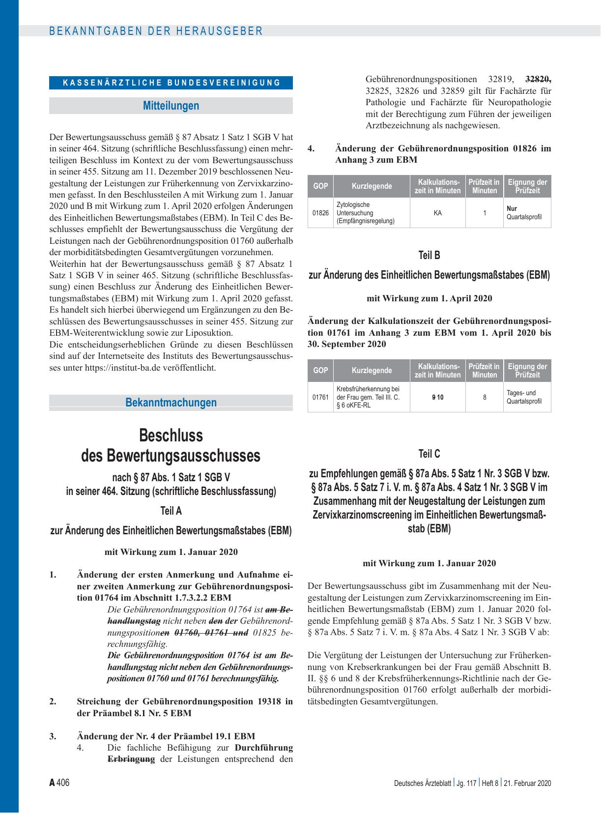Vorschauseite 1: Beschluss des Bewertungsausschusses nach § 87 Abs. 1 Satz 1 SGB V in seiner 464. Sitzung (schriftliche Beschlussfassung): Teil A, Teil B, Teil C