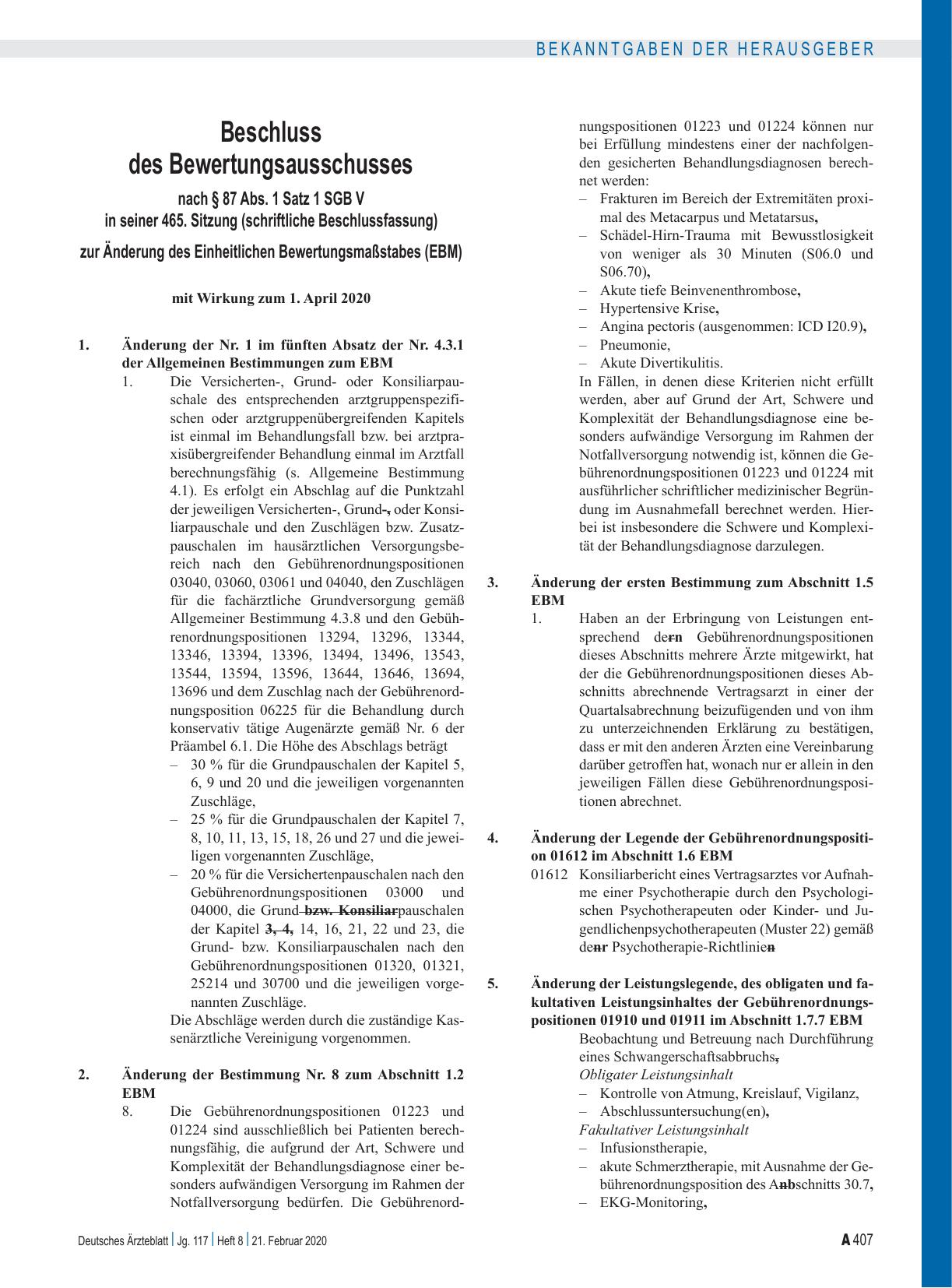 Vorschauseite 2: Beschluss des Bewertungsausschusses nach § 87 Abs. 1 Satz 1 SGB V in seiner 464. Sitzung (schriftliche Beschlussfassung): Teil A, Teil B, Teil C