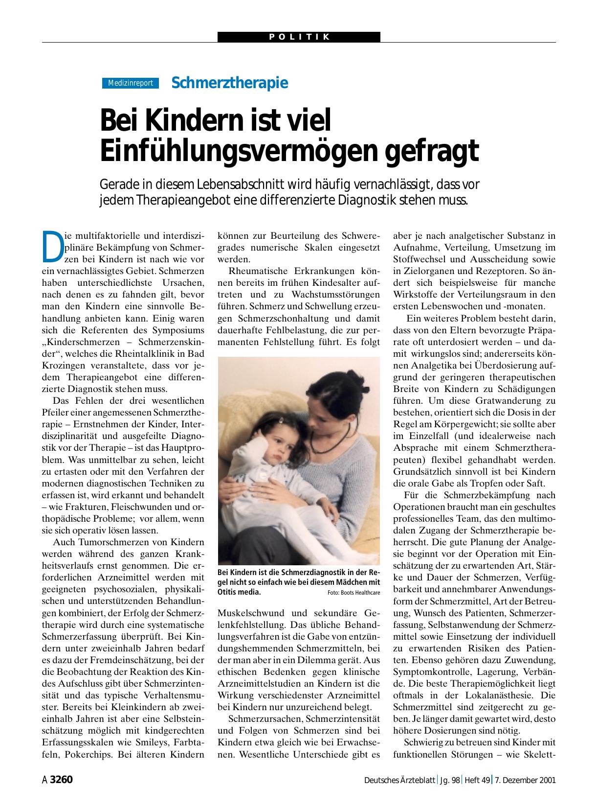 Vorschauseite 1: Schmerztherapie: Bei Kindern ist viel Einfühlungsvermögen gefragt