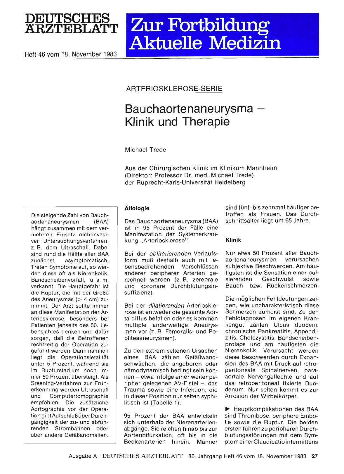 Vorschauseite 1: ARTERIOSKLEROSE-SERIE: Bauchaortenaneurysma - Klinik und Therapie