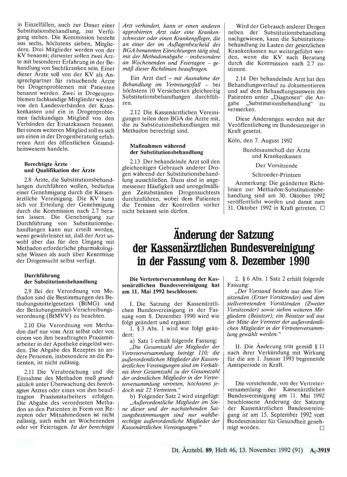 Vorschauseite 1: Änderung der Satzung der Kassenärztlichen Bundesvereinigung in der Fassung vom 8. Dezember 1990