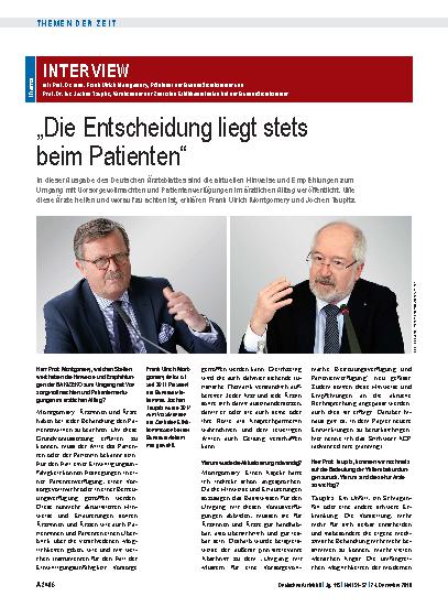 Vorschauseite 1: Interview mit Prof. Dr. med. Frank Ulrich Montgomery, Präsident der Bundesärztekammer und Prof. Dr. iur. Jochen Taupitz, Vorsitzender der Zentralen Ethikkommission bei der Bundesä…
