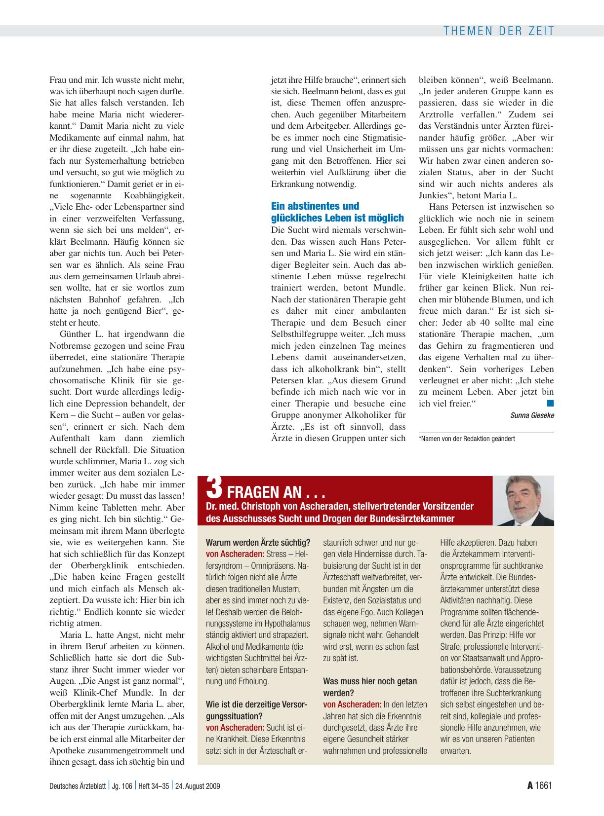 Vorschauseite 1: 3 Fragen an. .. Dr. med. Christoph von Ascheraden, stellvertretender Vorsitzender des Ausschusses Sucht und Drogen der Bundesärztekammer