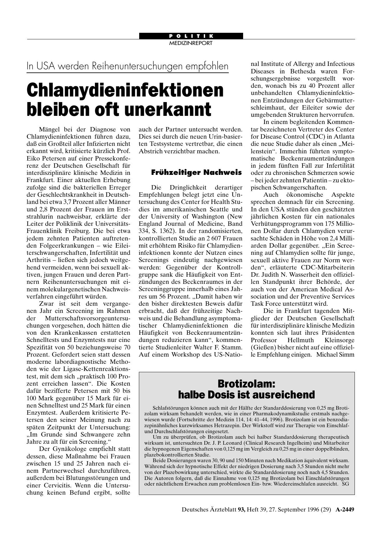 Vorschauseite 1: In USA werden Reihenuntersuchungen empfohlen: Chlamydieninfektionen bleiben oft unerkannt