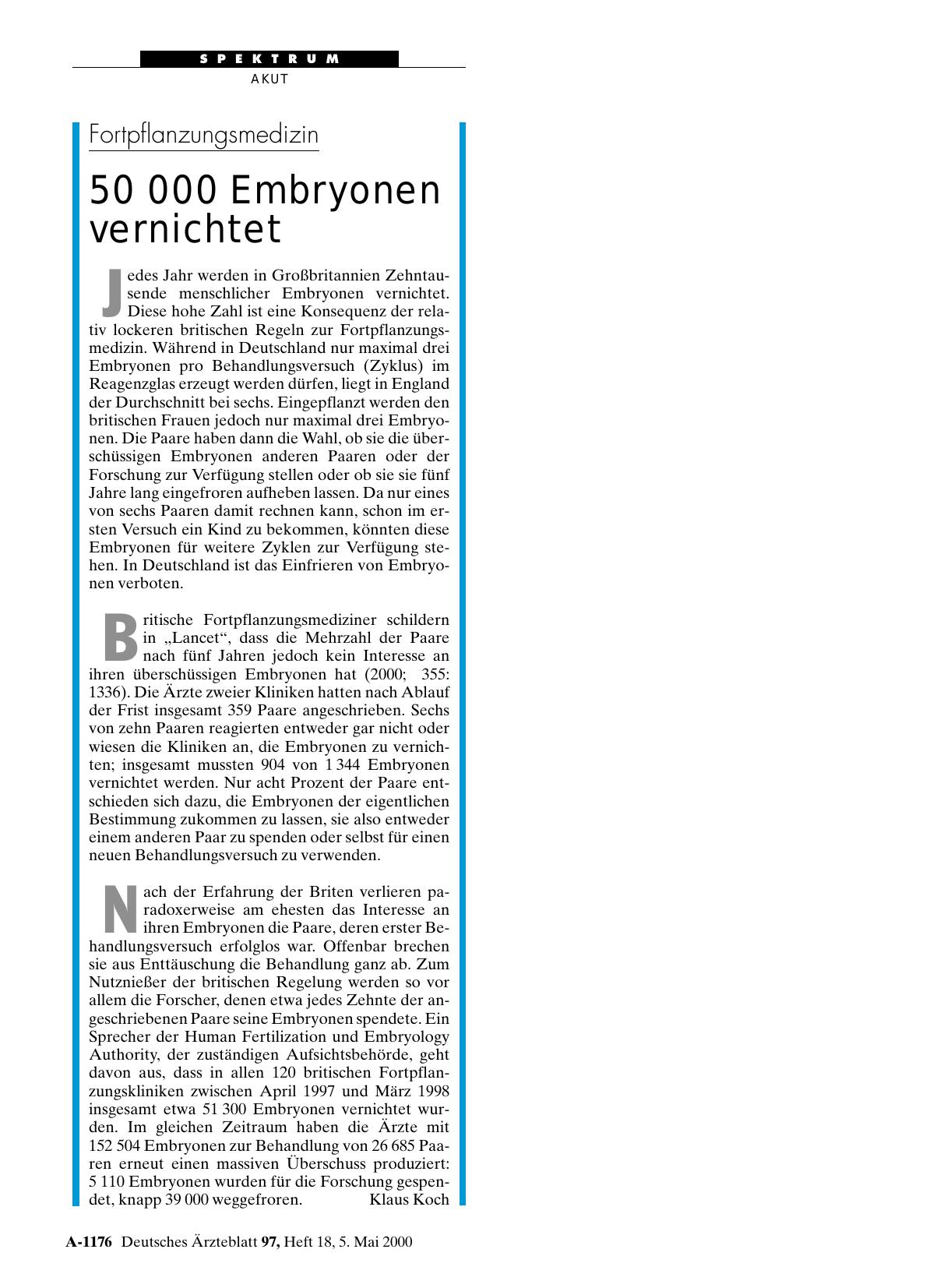 Vorschauseite 1: Fortpflanzungsmedizin: 50 000 Embryonen vernichtet