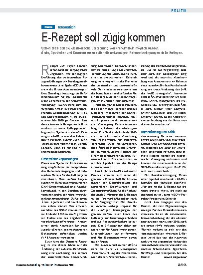 Vorschauseite 1: Telemedizin: E-Rezept soll zügig kommen