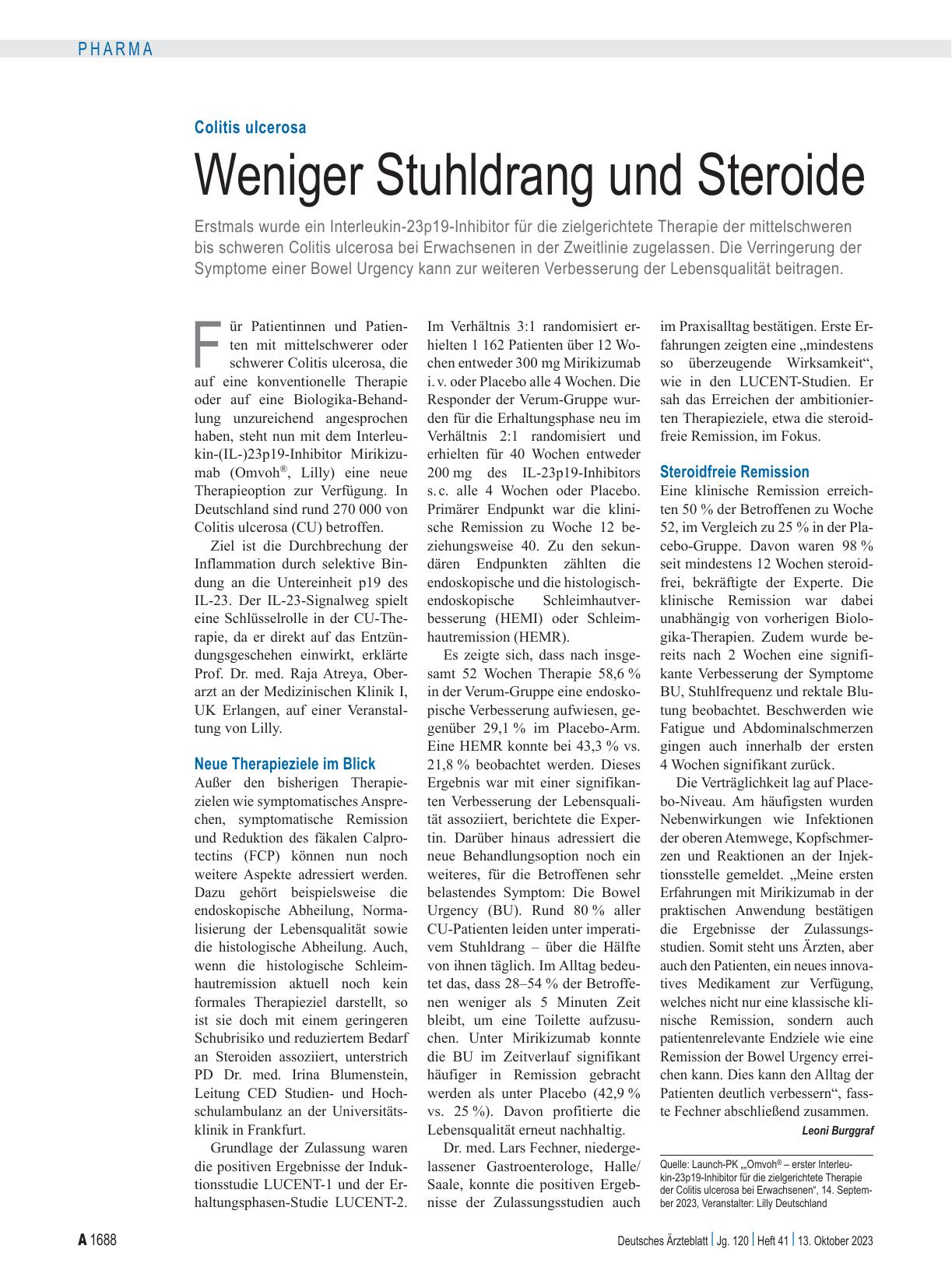 Vorschauseite 1: Colitis ulcerosa: Weniger Stuhldrang und Steroide