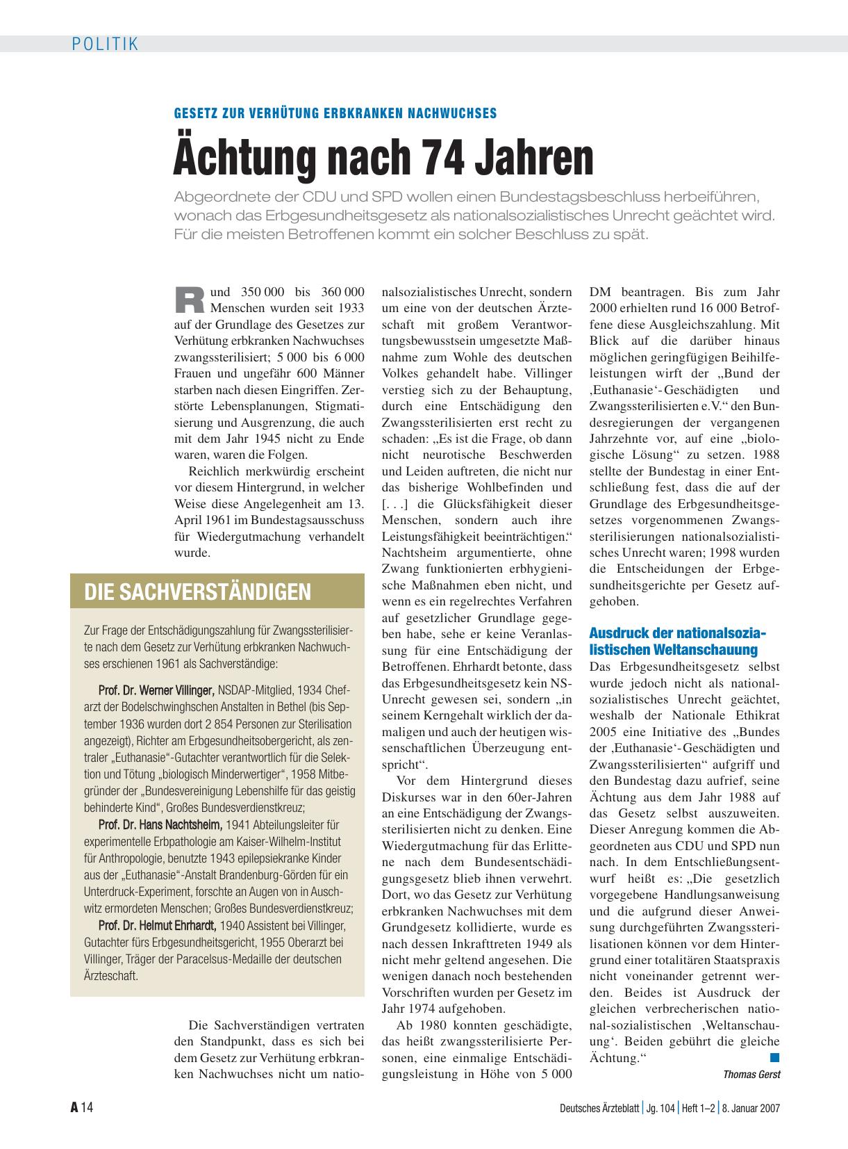 Vorschauseite 1: Gesetz zur Verhütung erbkranken Nachwuchses: Ächtung nach 74 Jahren