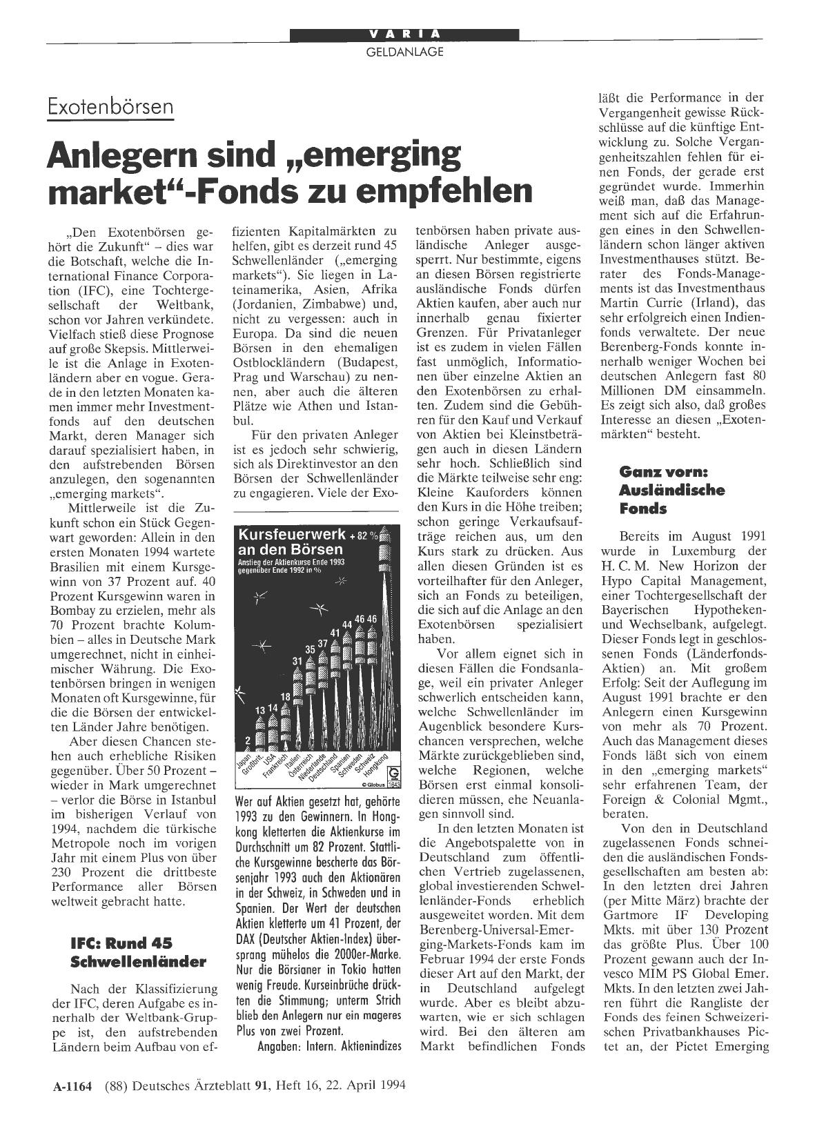 Vorschauseite 1: Exotenbörsen: Anlegern sind „emerging market“-Fonds zu empfehlen