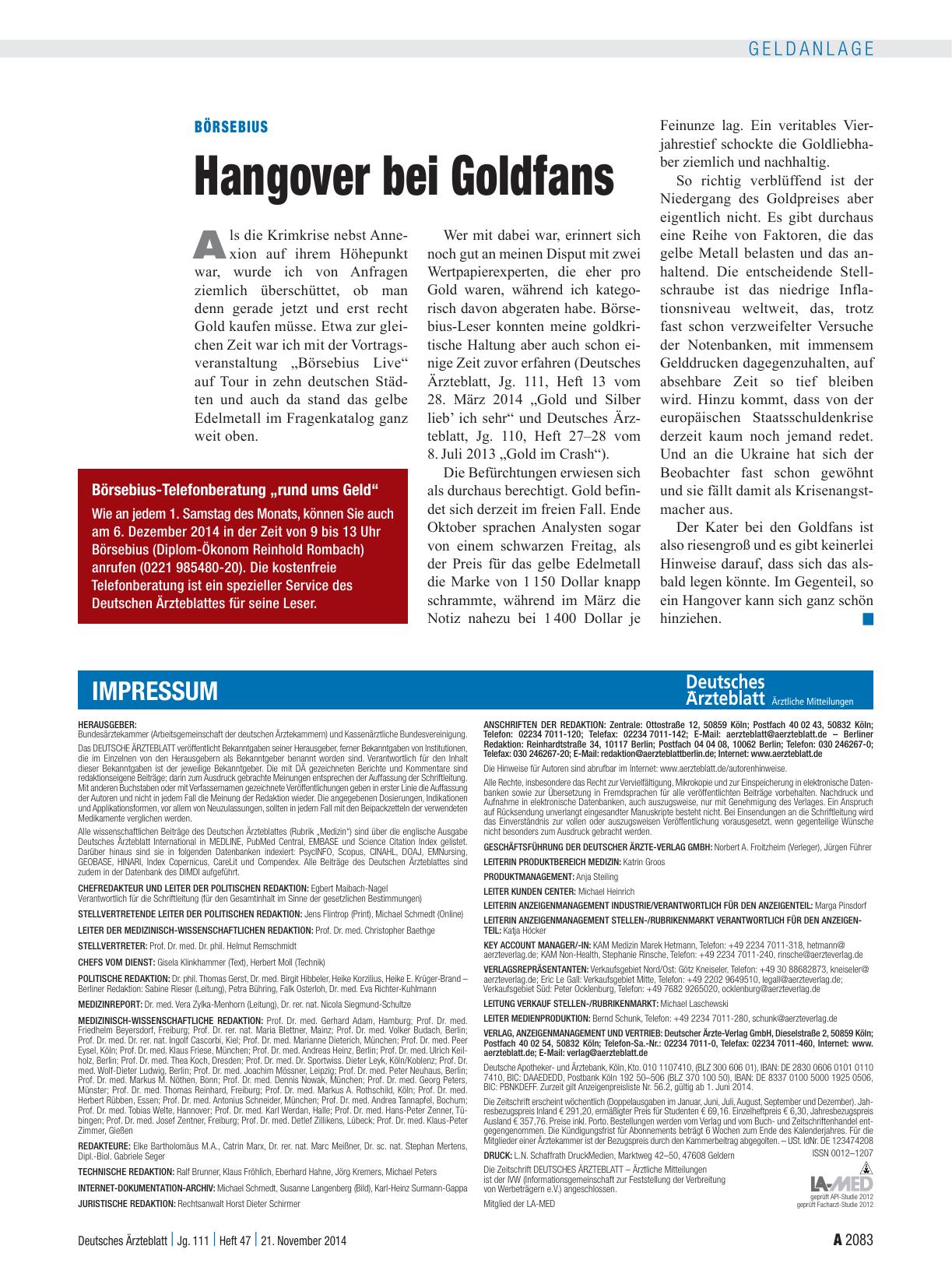 Vorschauseite 1: Börsebius: Hangover bei Goldfans