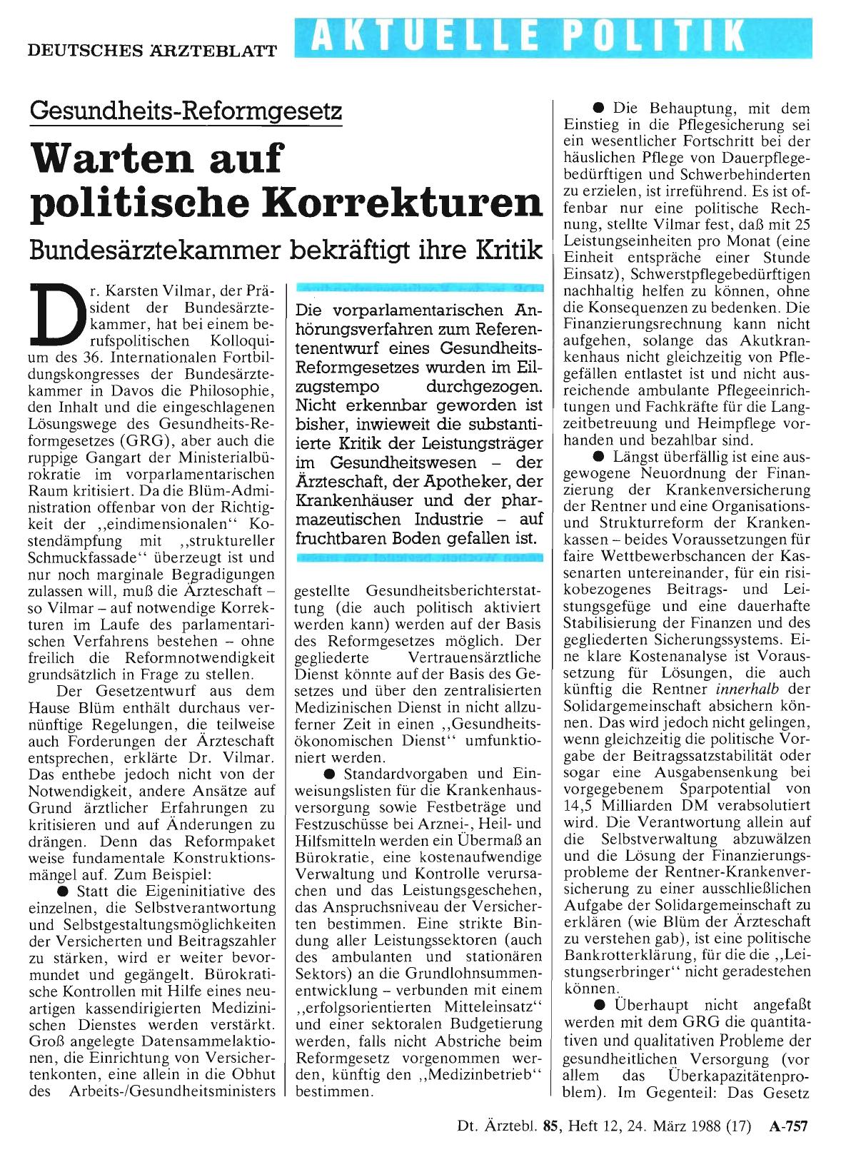 Vorschauseite 1: Gesundheits-Reformgesetz: Warten auf politische Korrekturen