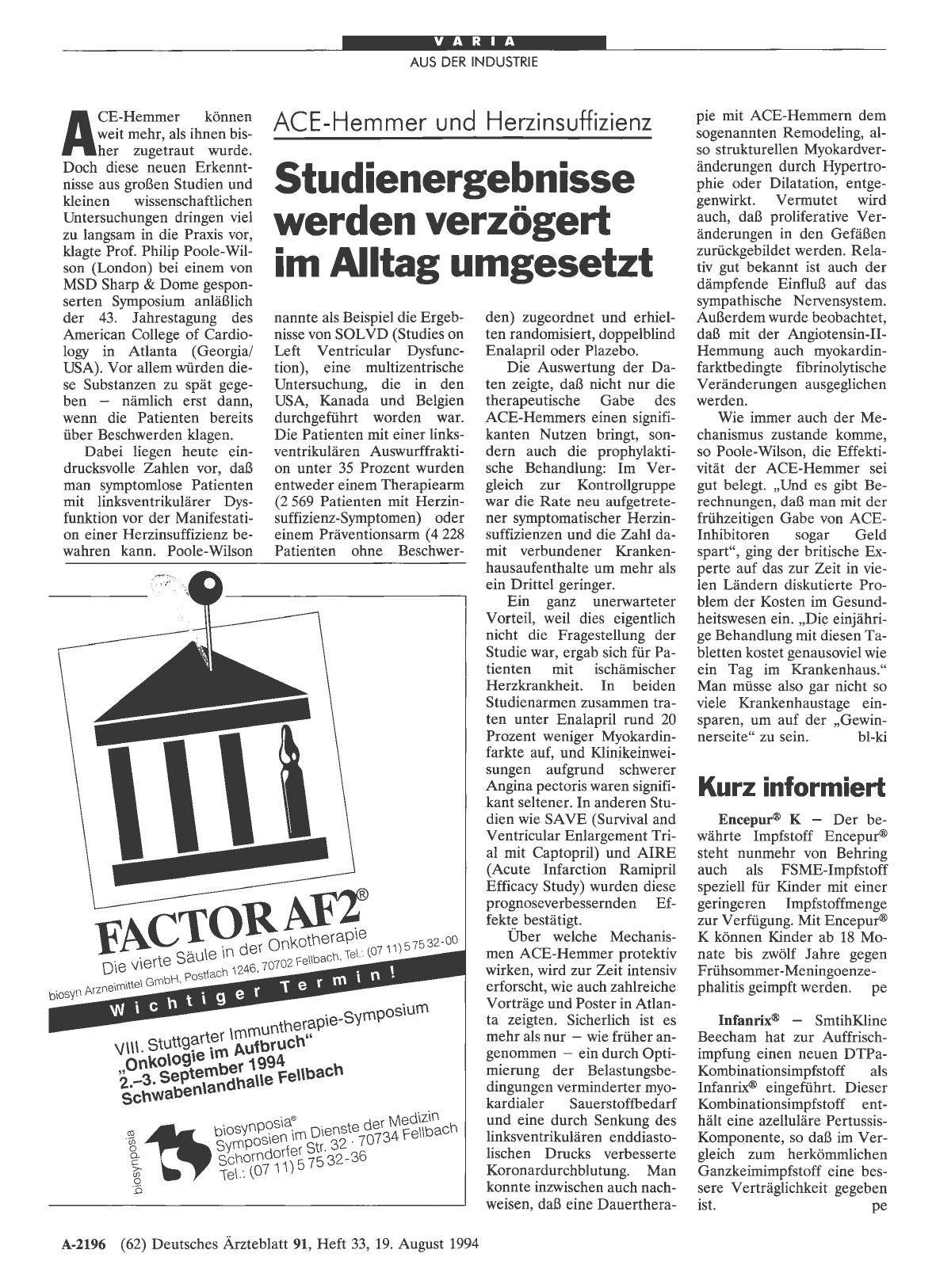 Vorschauseite 1: ACE-Hemmer und Herzinsuffizienz: Studienergebnisse werden verzögert im Alltag umgesetzt